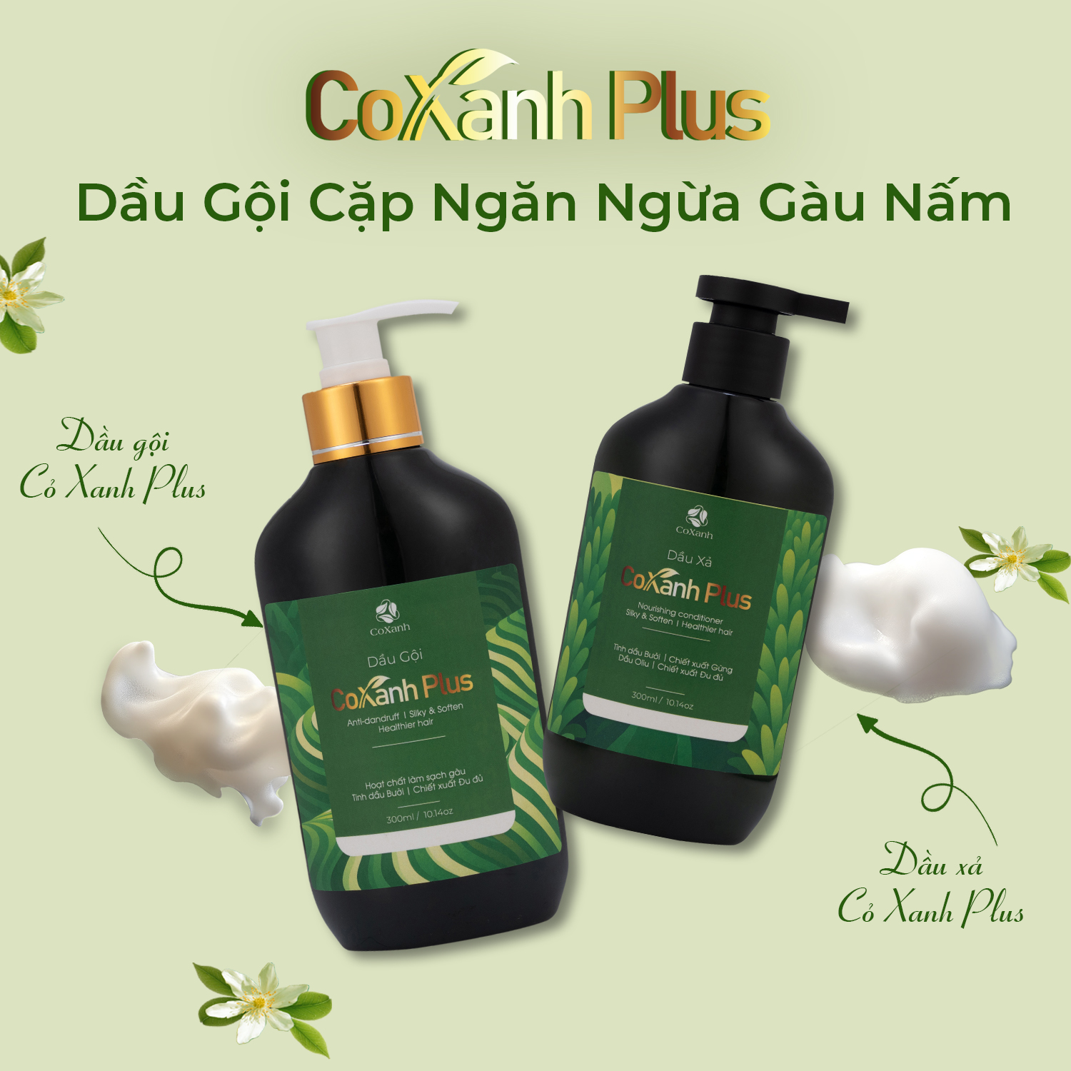 Dầu gội Cỏ Xanh Plus: Bộ đôi gội – xả ngăn ngừa gàu nấm, dưỡng tóc mềm mượt