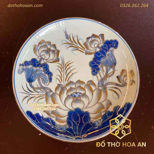 Mâm Bồng Thờ Men Lam Vẽ Vàng 24K1