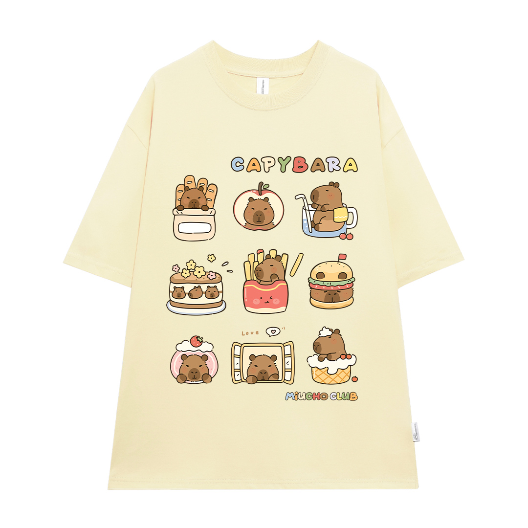 Áo thun chuột Capybara form rộng local brand ATD1224 Miucho tay ngắn vải cotton thoáng mát cổ tòn in mix_thumbnail_13