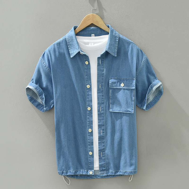 Áo sơ mi tay ngắn nam denim Nhật Bản – Retro, dây rút, túi tiện lợi, form rộng, thời trang đa năng