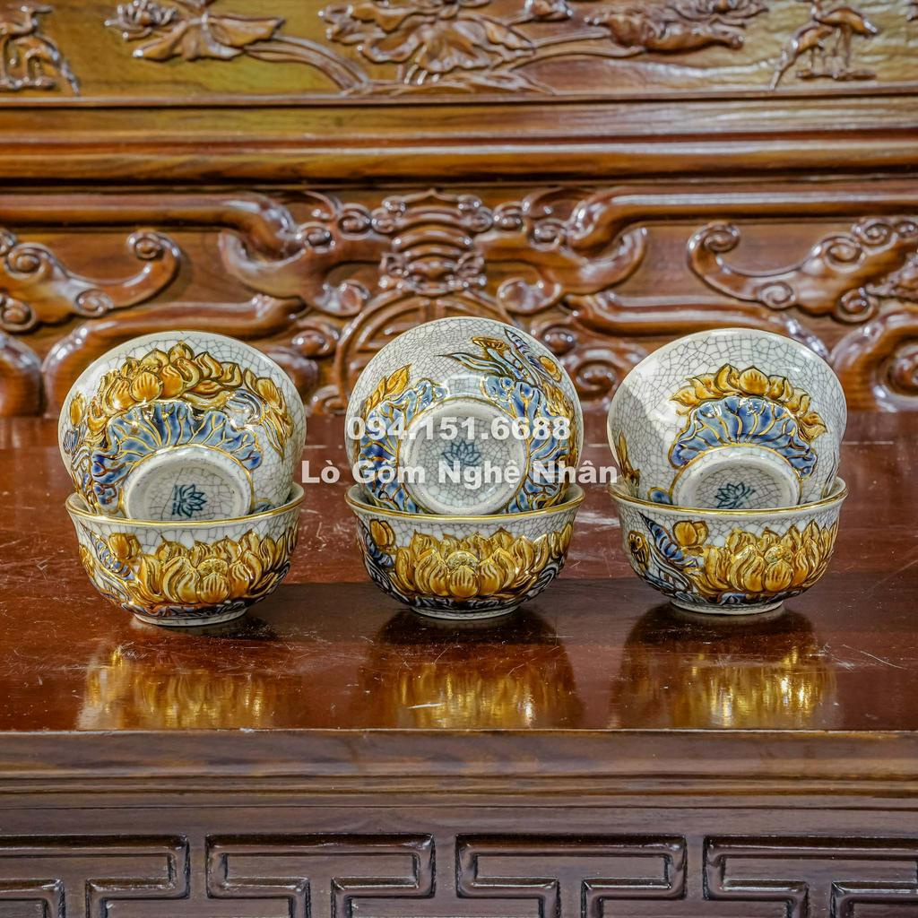 Bộ Đồ Thờ Men Rạn Hoa Sen Vẽ Vàng 24K 9999 Nghệ Nhân Chế Tác Cao Cấp Bát Tràng_thumbnail_7