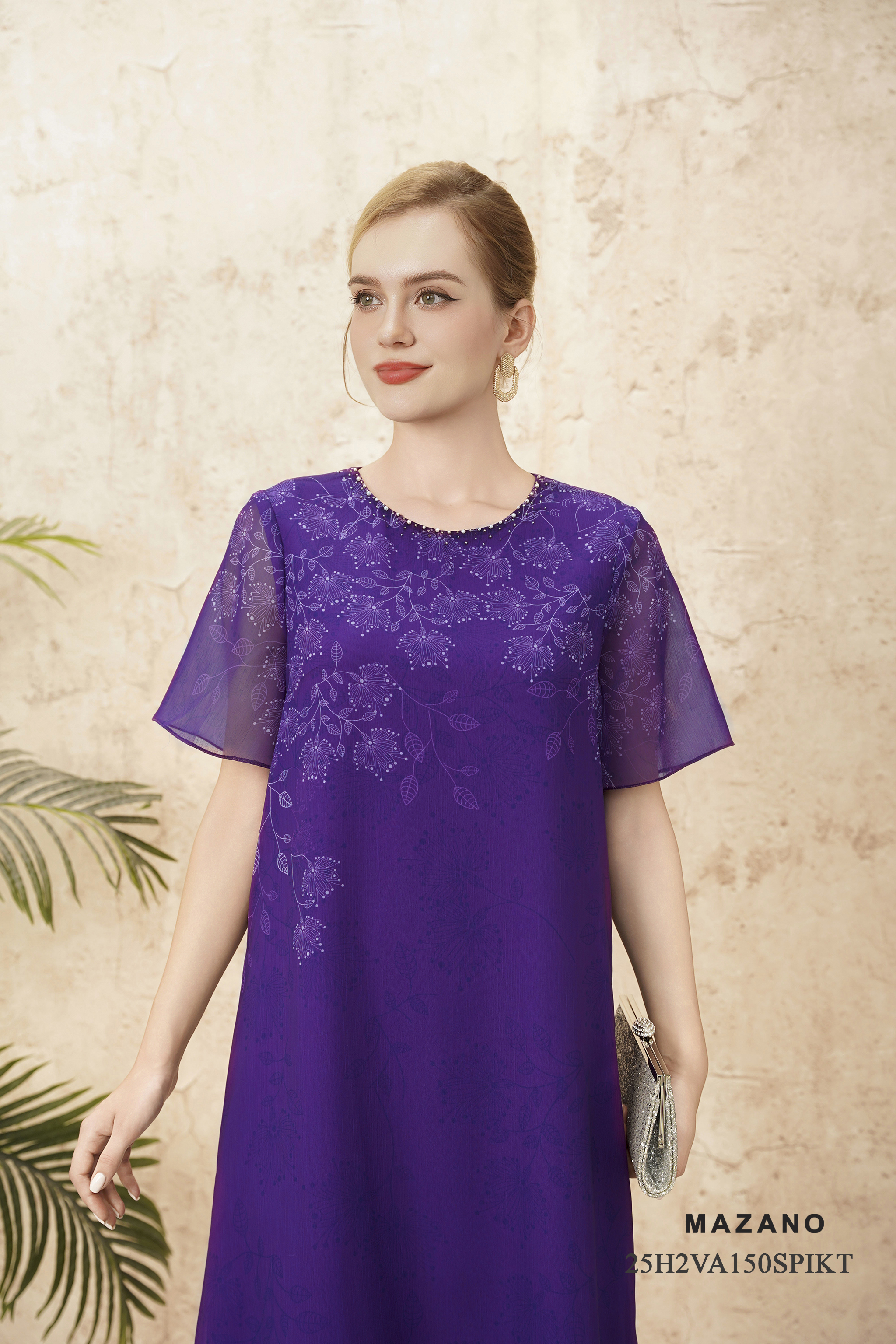 Váy Đầm suông A  Vải voan mỏng Đính trang trí Cổ tròn Tay ngắn Dài váy ngang bắp_thumbnail_4