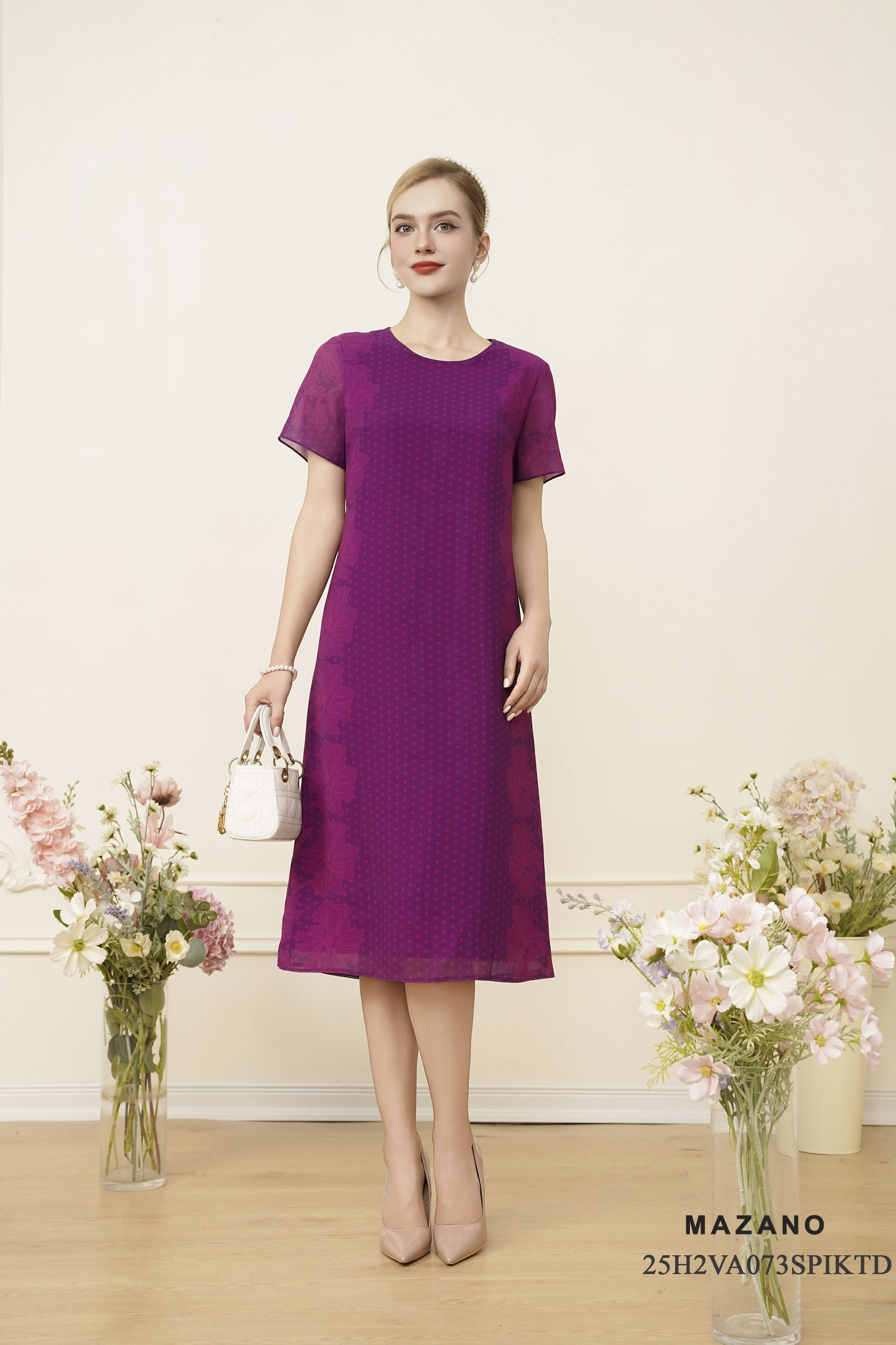 Váy Đầm suông A Vải voan Họa tiết đối xứng Cổ tròn Tay ngắn cộc váy qua gối_thumbnail_0