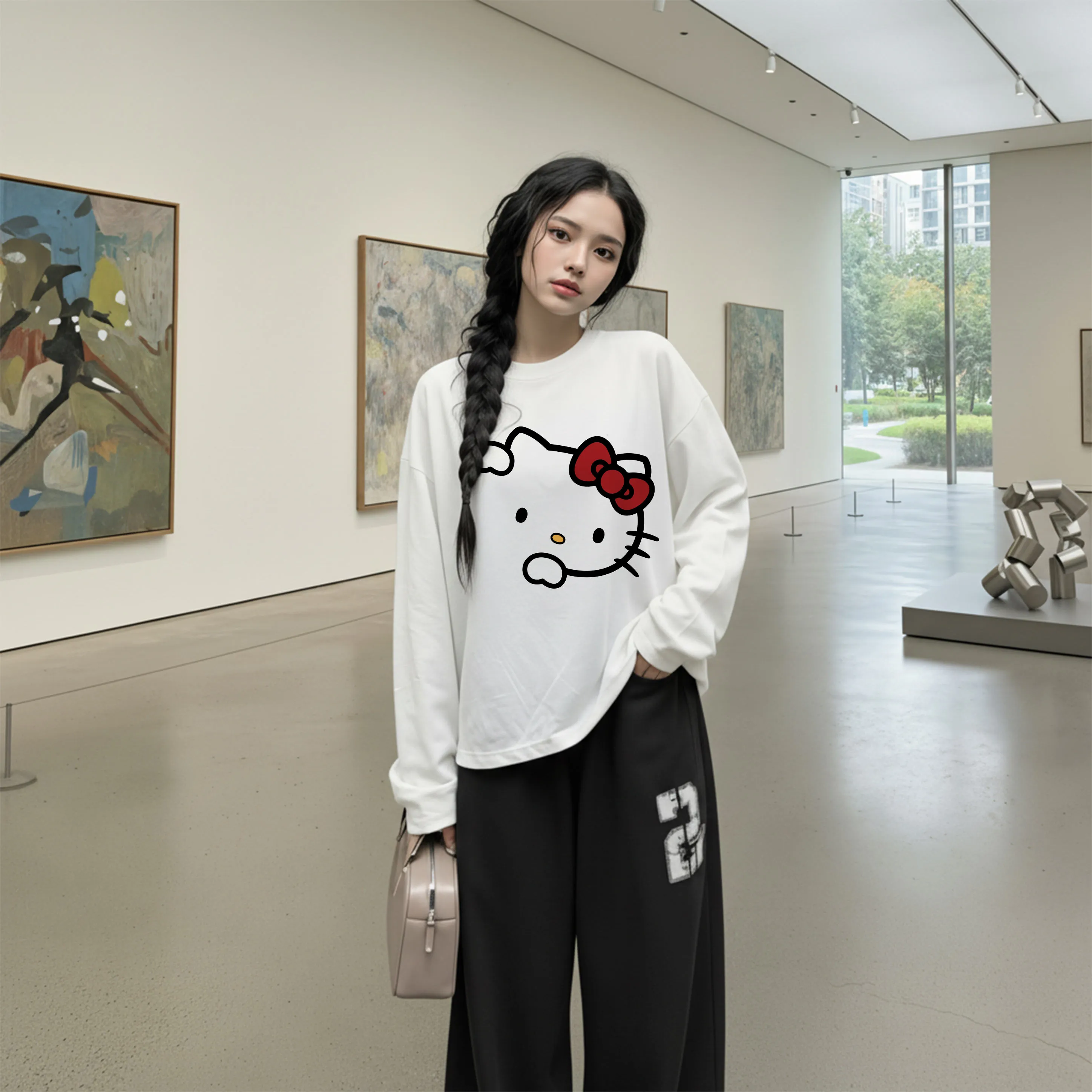 Áo thun boxy local brand Miucho cotton dày dặn thoáng mát tay dài cổ tròn Kitty in mix 2688_thumbnail_3