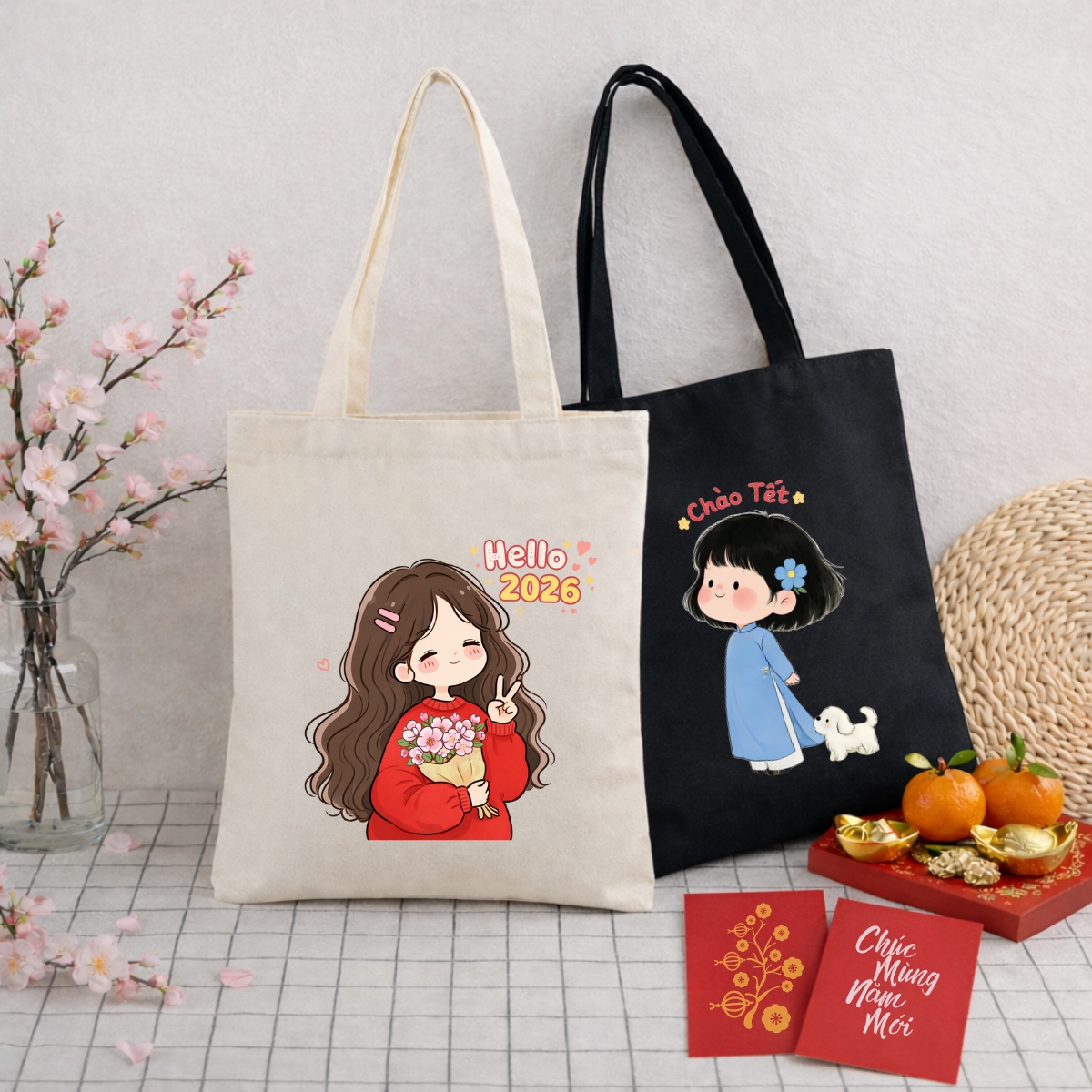 Túi Tote BST Bé gái Tết 2026 - Túi vải canvas có túi phụ và khoá kéo đựng vừa A4 và laptop (33x37cm) - TOTE34