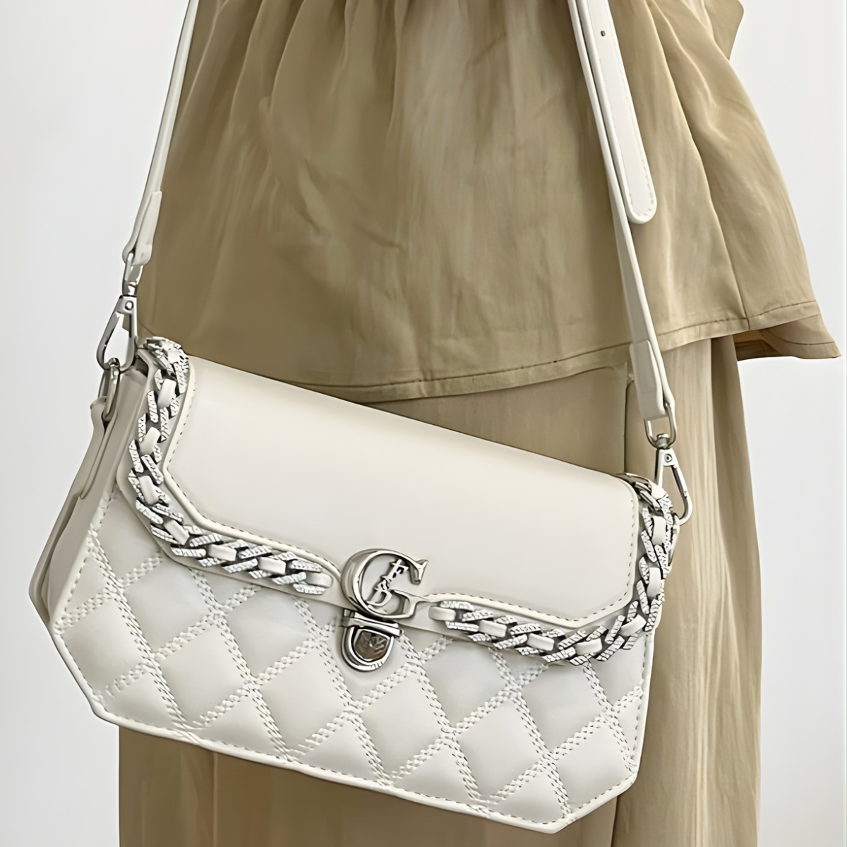 Túi xách nữ UHE_2524 ELY – đeo vai da chần ô, viền quấn bạc, khóa sang trọng – Đen/Trắng_thumbnail_14