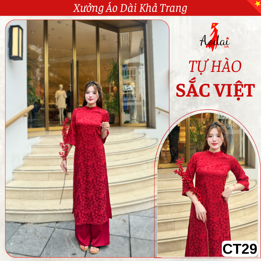 CT29 Áo Dài Cách Tân Dáng Suông Gấm Hoa Đào màu Đỏ Đô Cổ Cao 2cm Tay Lỡ