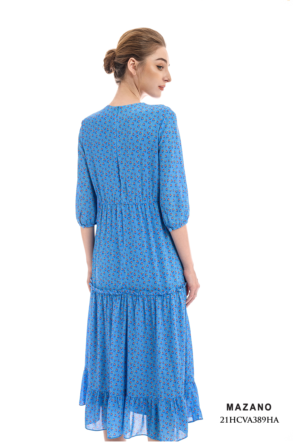 Đầm xanh họa tiết hoa bèo tầng họa tiết cổ V