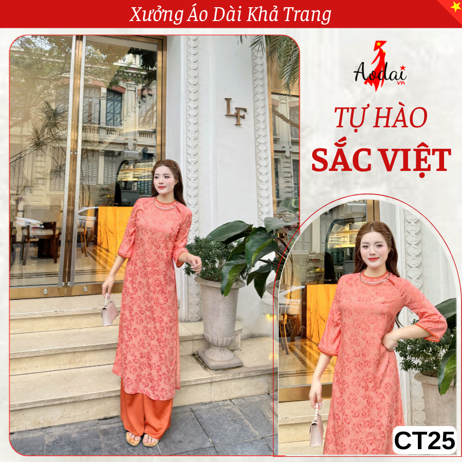 Bộ Áo Dài Cách Tân Gấm Dáng Suông CT25 màu Cam Cổ Tròn Tay Lỡ Hoa Sen Đá