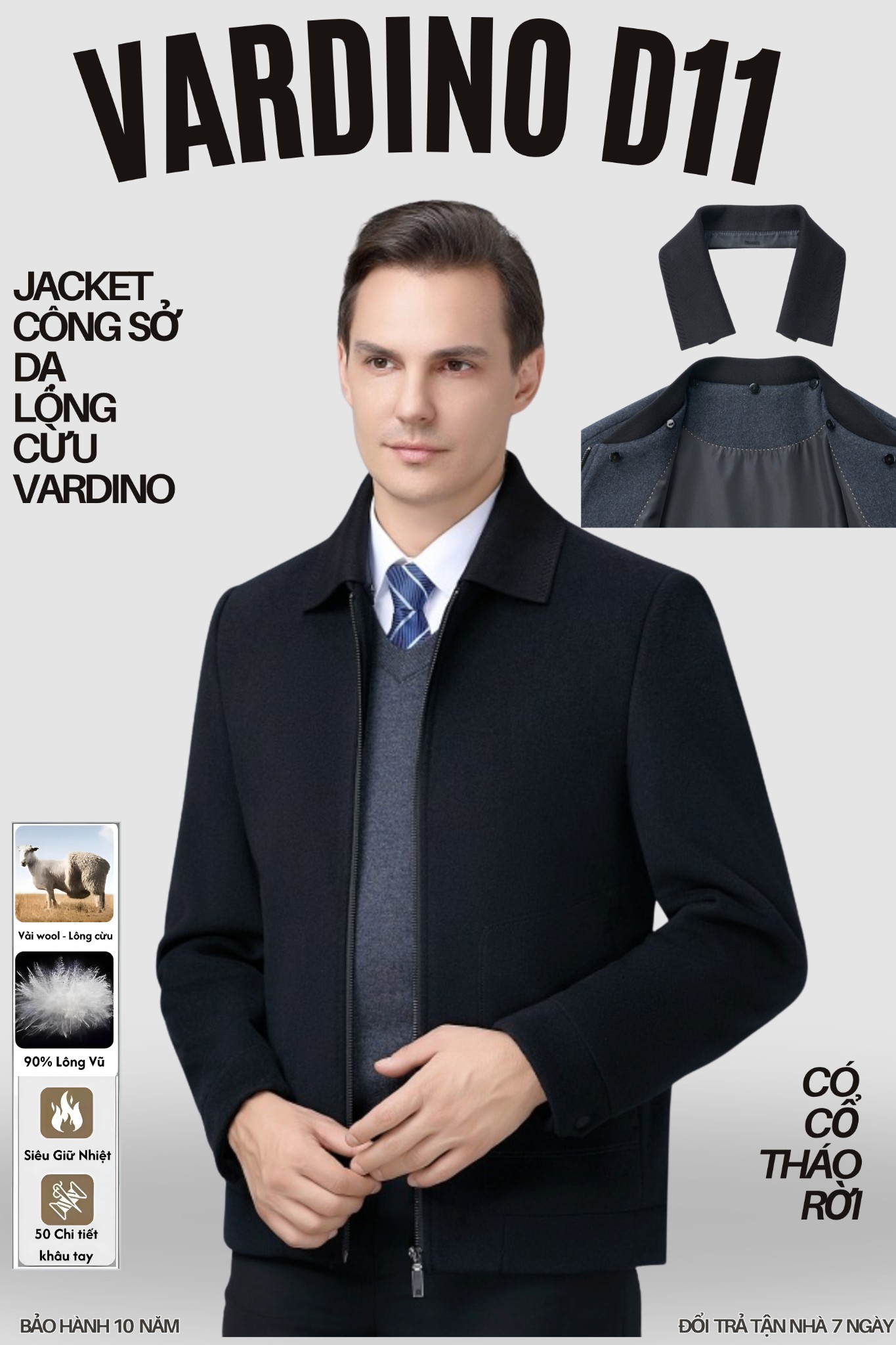 Áo khoác nam 2 cổ VARDINO D11