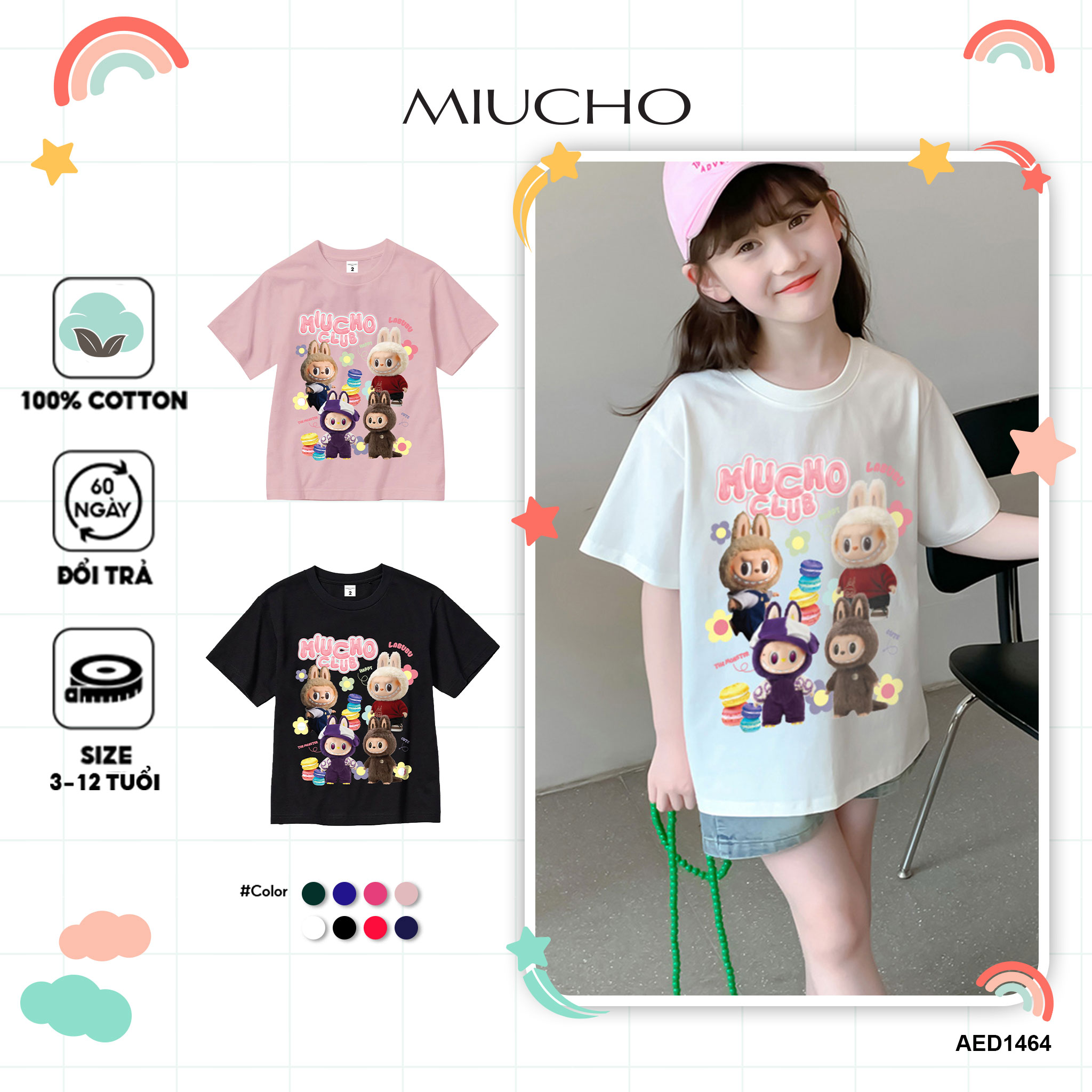 Áo thun bé gái labubu dễ thương nhiều màu sắc AED1464 Miucho Kid vải cotton thoáng mát cổ tròn in graphic