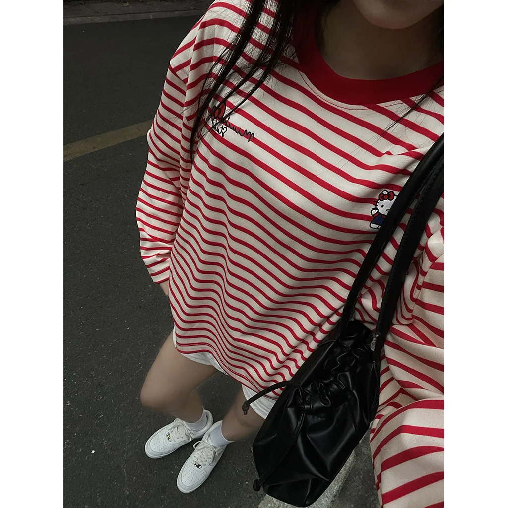 Áo thun boxy tay dài Miucho vải rib thoáng mát mềm mại co giãn tốt cổ tròn kẻ sọc kitty in mix 2691_thumbnail_3