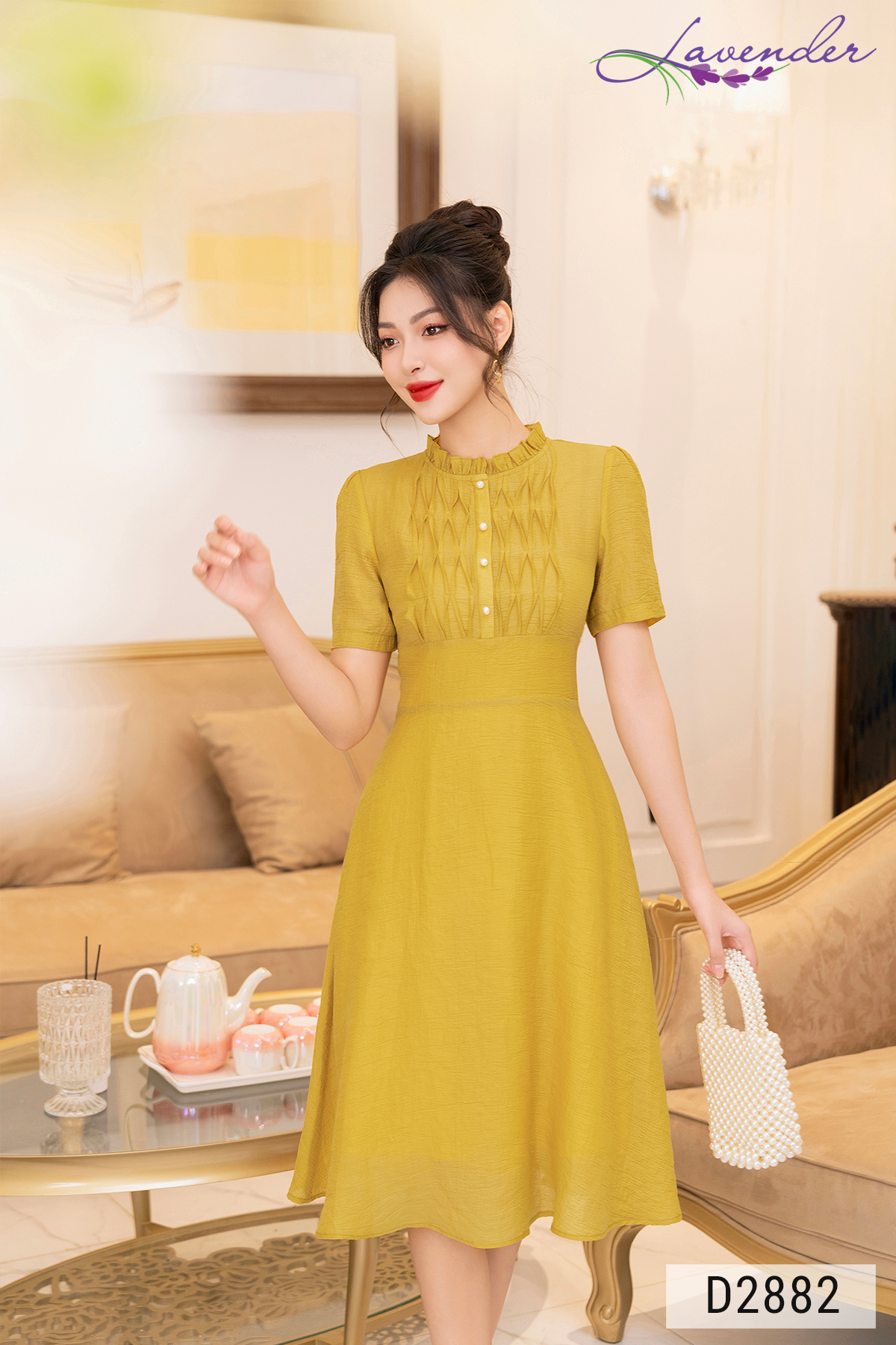 Đầm xòe công sở Thời trang Lavender tơ vàng cổ nhún D2882_thumbnail_2
