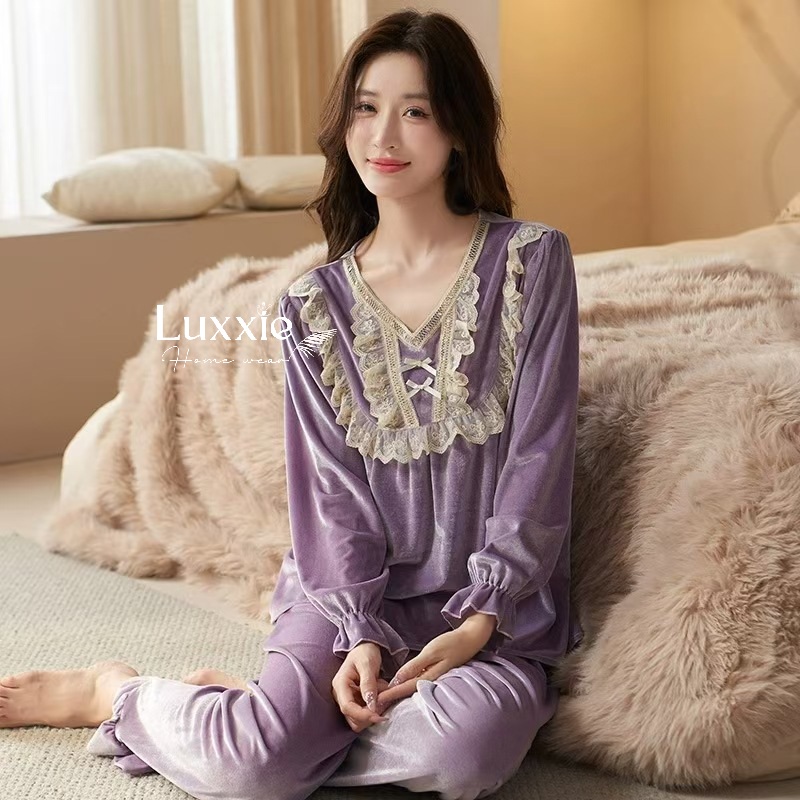 NHUNG34 Bộ ngủ nhung cổ ren trắng đính nơ_thumbnail_17