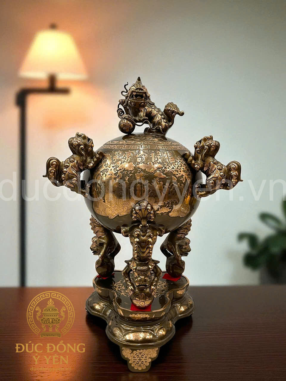 Đỉnh thất lân vờn cầu đúc đồng đỏ phớt cạo màu kỹ 