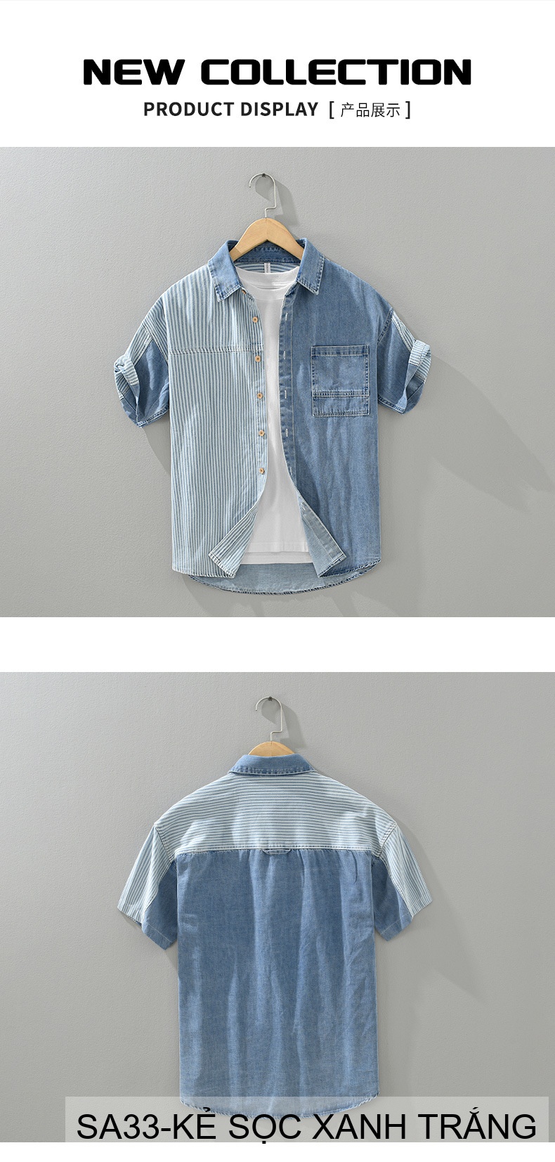 SA33 - Áo sơ mi nam kẻ sọc xanh trắng phong cách Hồng Kông, tay ngắn, chất cotton thoáng mát_thumbnail_8