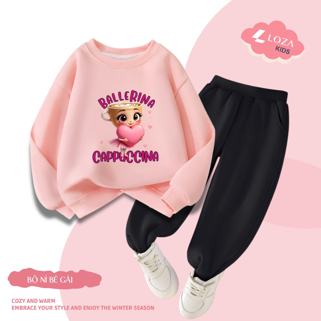 Bộ nỉ bé gái in hình Brainrot Ballerrina Cappuccina - Loza Kids BI521