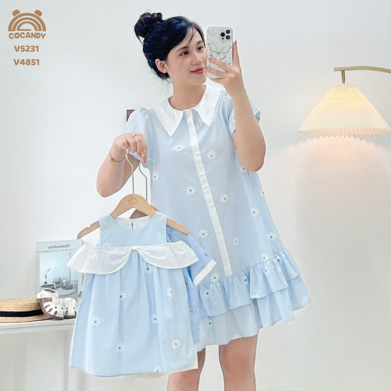 Váy cộc XANH DƯƠNG hoa nhí tay phồng NỮ_thumbnail_1