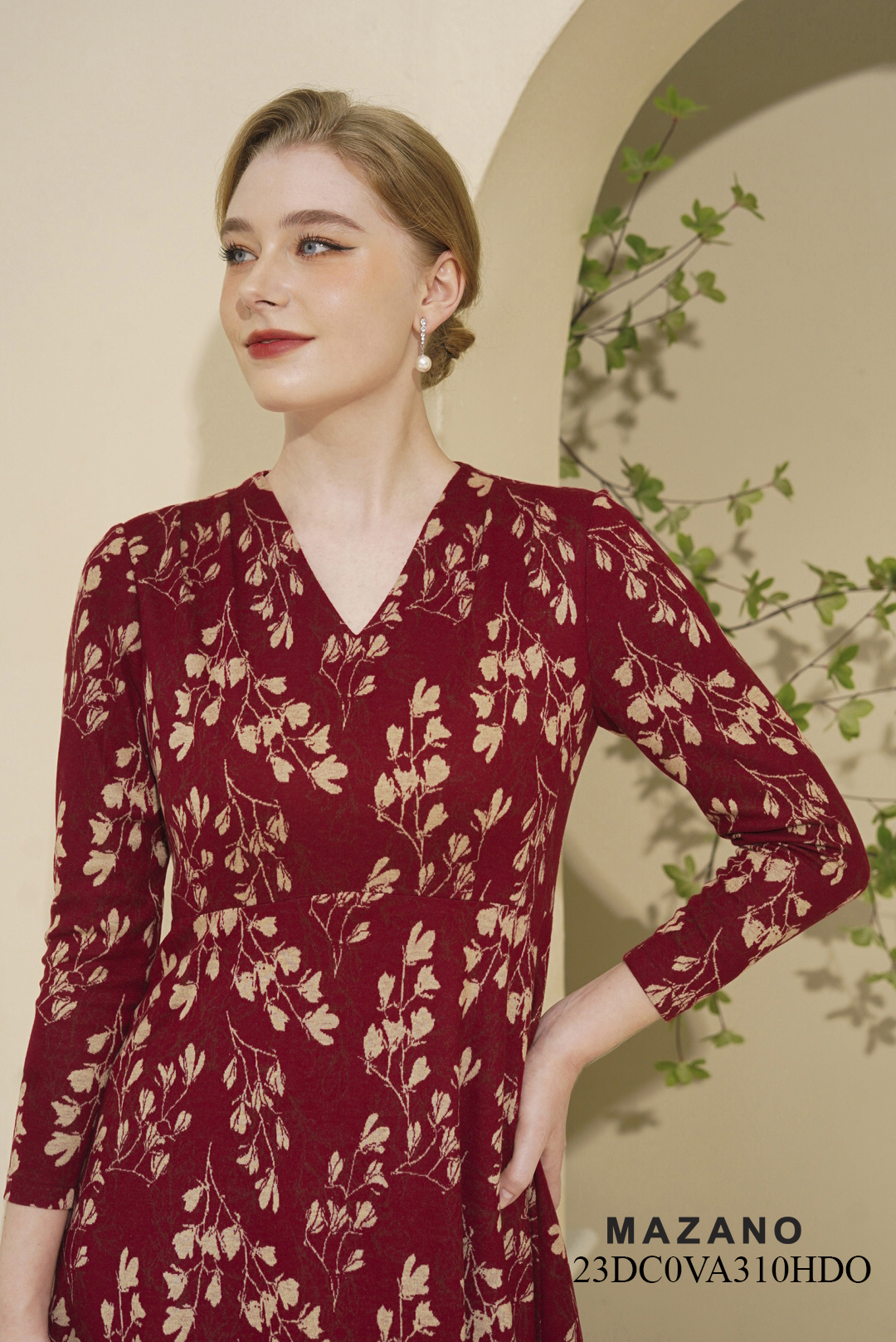 Váy Đầm Ôm Chân xếp ly Vải dạ len Cổ V Tay dài Dài ngang bắp chân_thumbnail_3