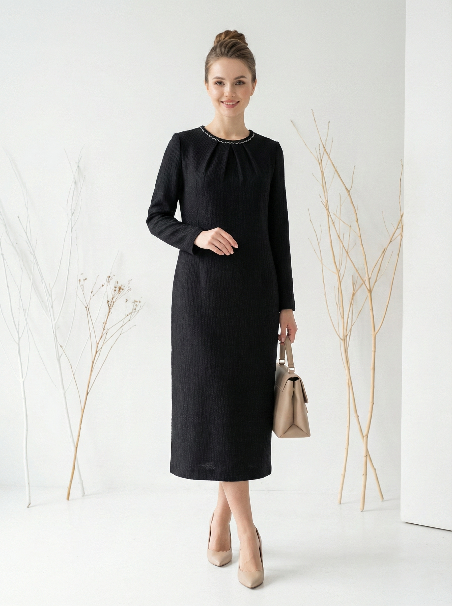 Váy Đầm Suông Vải len  Hoạ tiết hoa văn ren chìm Cổ tròn cao Đính dây ren cườm Tay dài Dài ngang bắp chân