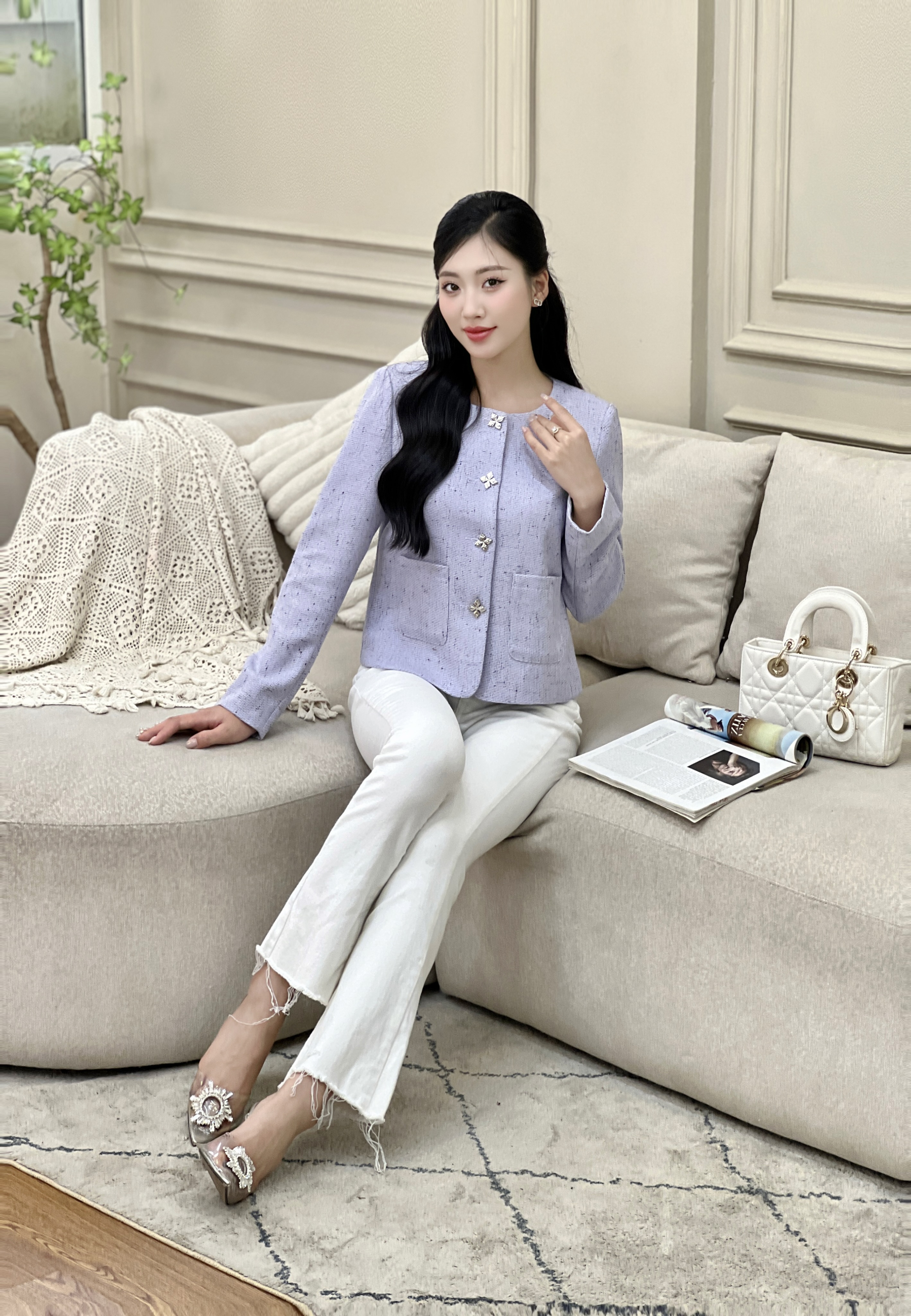 ÁO KHOÁC DẠ NỮ TÍM LAVENDER NARSIS CAO CẤP CHẤT VẢI DÀY DẶN 2 LỚP, DÀI TAY CÓ ĐỆM VAI, ĐÍNH KHUY ...