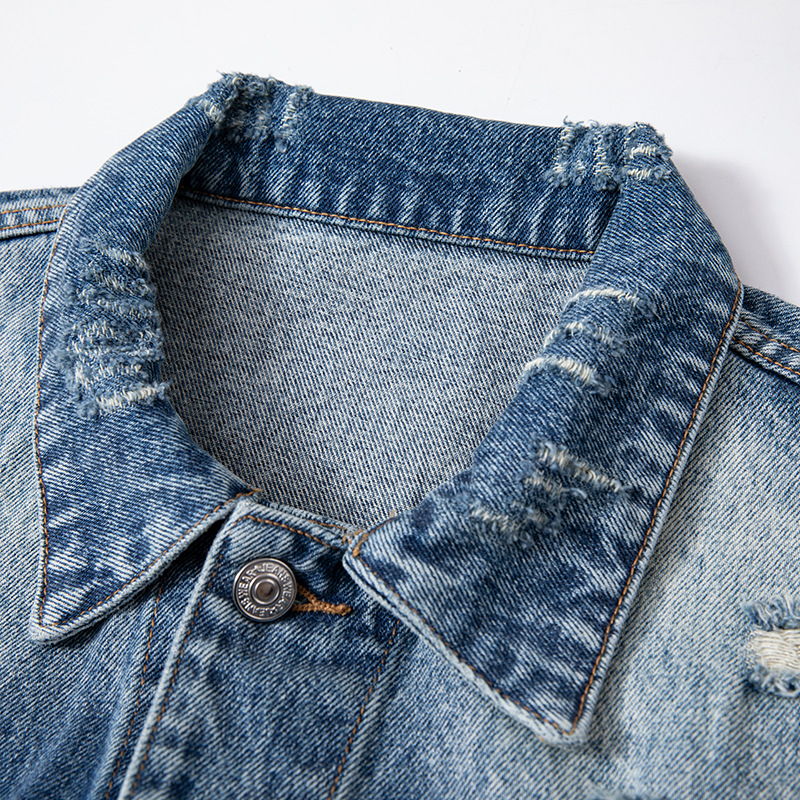 Phong cách Mỹ Xuân Thu Xanh nhạt Công nghiệp nặng Giặt Áo khoác ngoài đau khổ557Phiên bản Phá Xu Hướng Áo khoác Denim nam_thumbnail_2