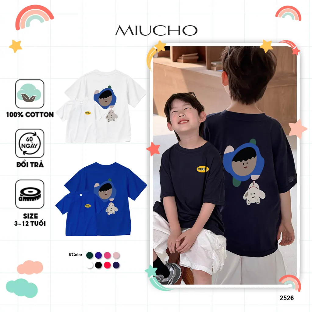Áo thun cho bé basic nhiều màu 2526 Miucho Kid vải cotton co giãn thoáng mát cổ tròn in artwork