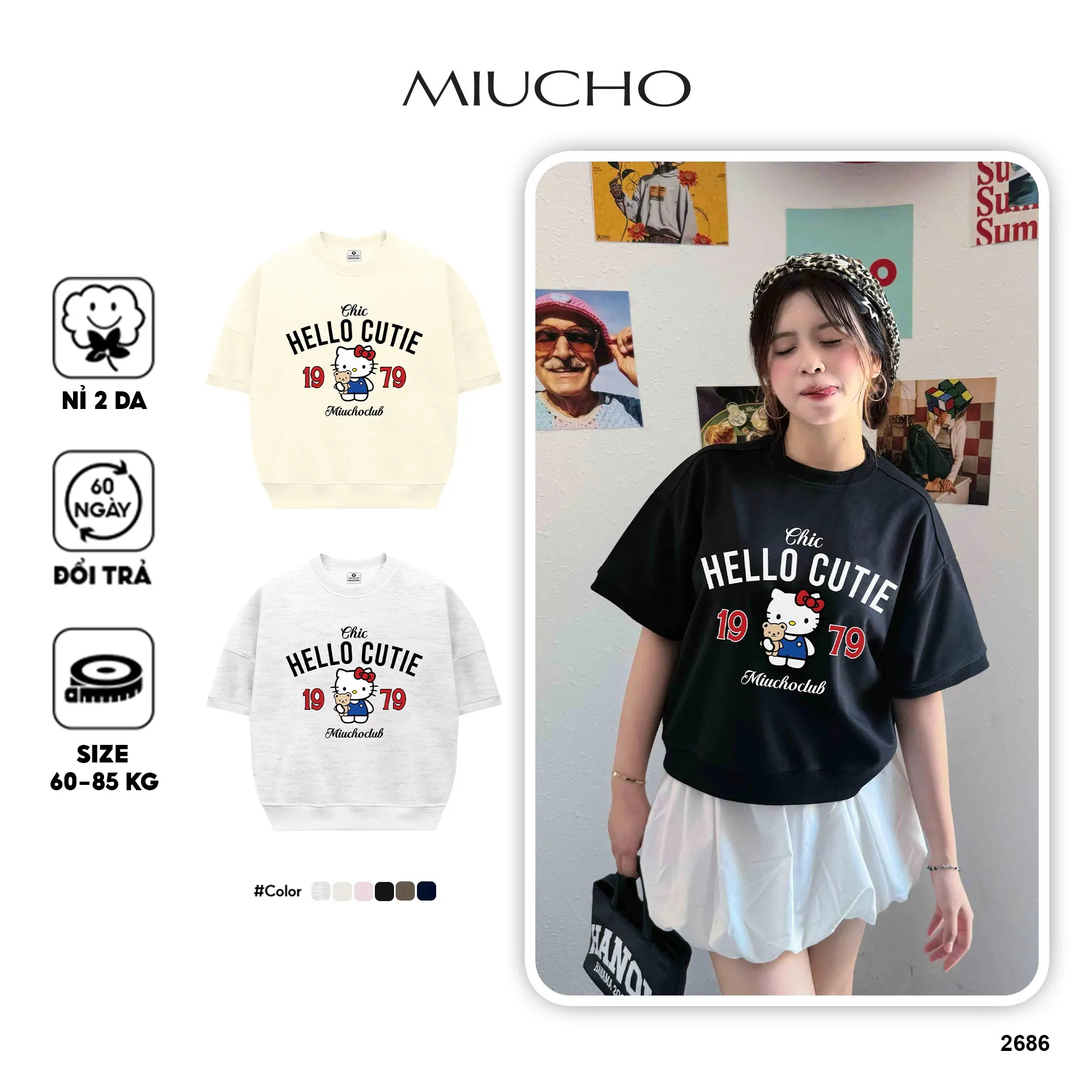 Áo Sweater boxy tay ngắn Miucho nỉ 2 da dày dặn thoáng mát cổ tròn HELLO CUTIE in mix 2686