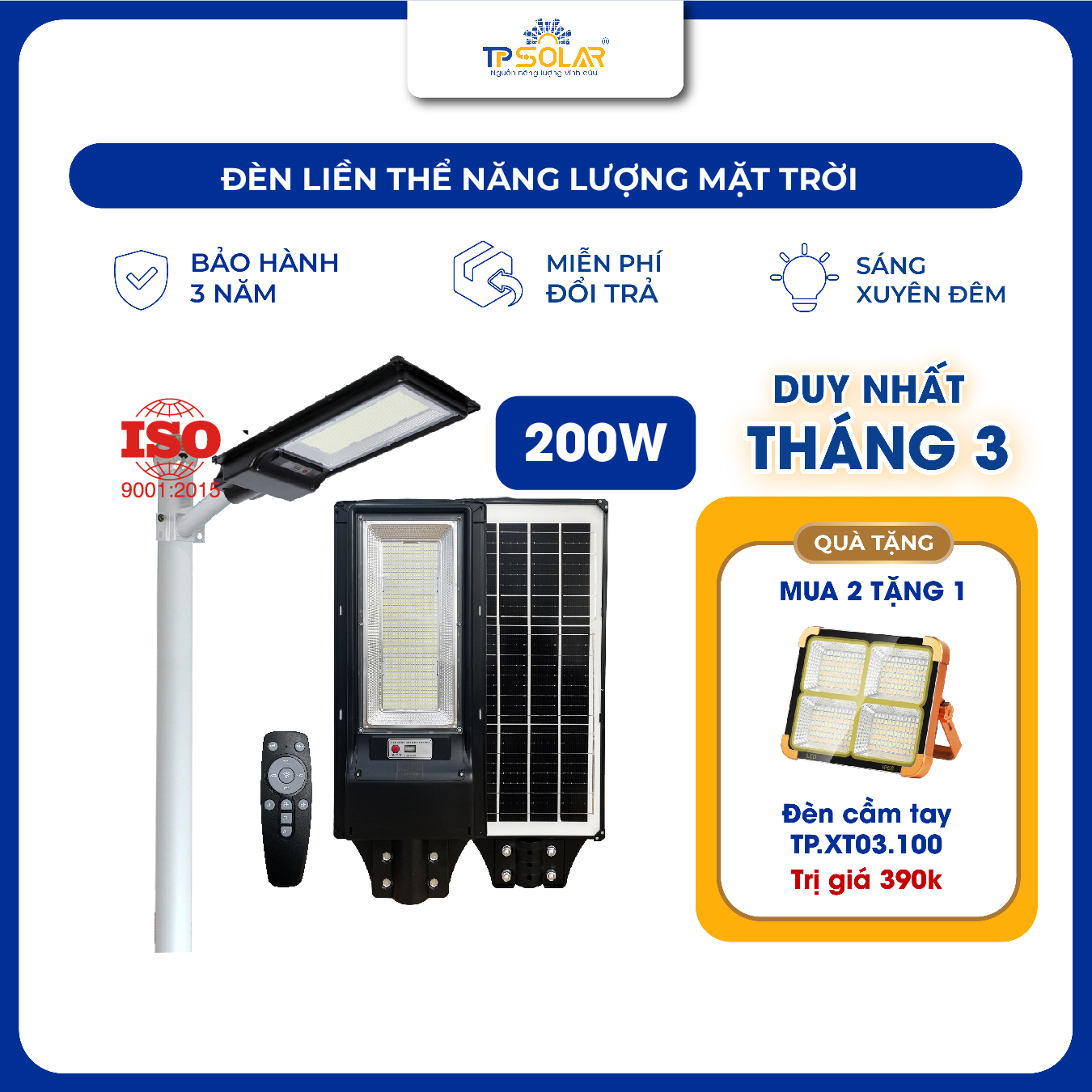 Đèn đường liền thể năng lượng mặt trời (TP.LT01.200)