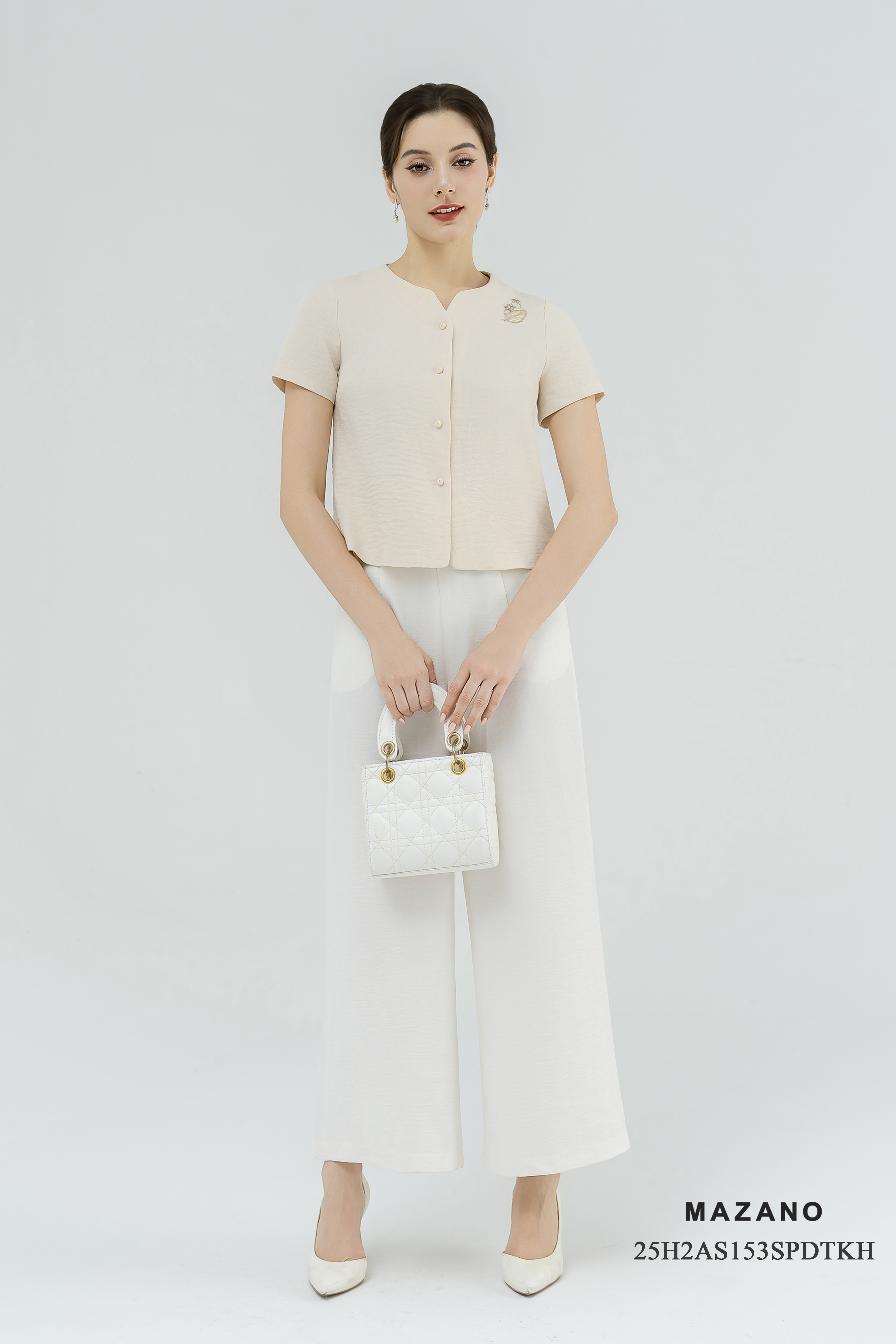 Áo suông cài khuy Vải linen màu be kem không Cổ Tay ngắn Dài áo qua eo_thumbnail_2