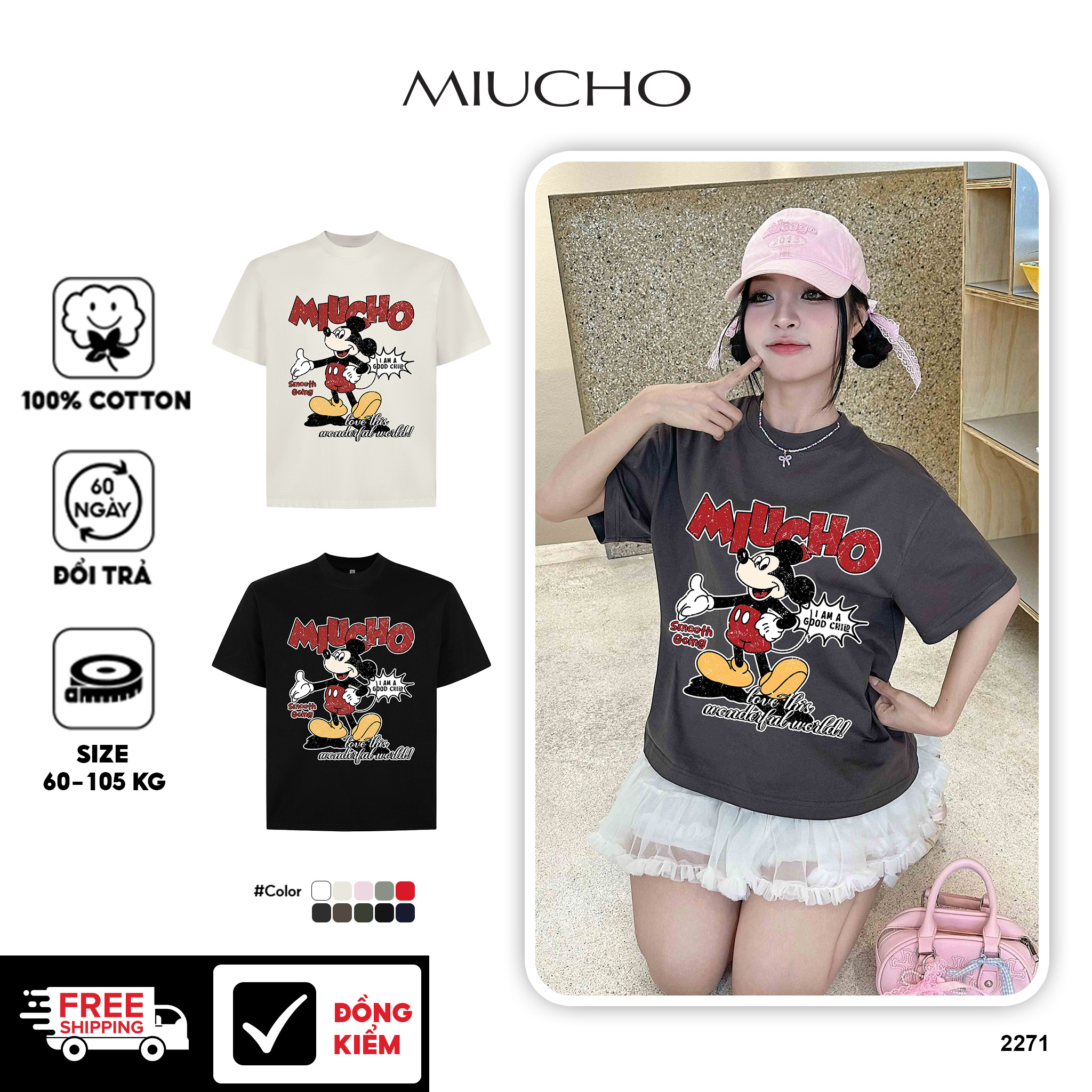 Áo thun boxy in chuột vui vẻ 2271 Miucho chất vải cotton 2 chiều cao cấp dày dặn đứng form in mix