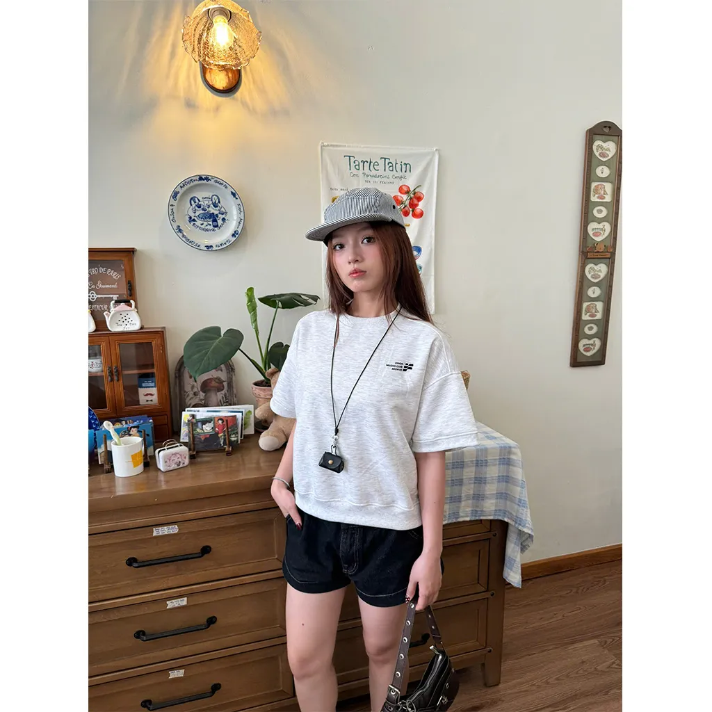 Áo sweater tay ngắn form boxy basic nhiều màu 2599 Miucho tay ngắn cổ tròn vải nỉ 2 da thoáng mát in basic_thumbnail_6