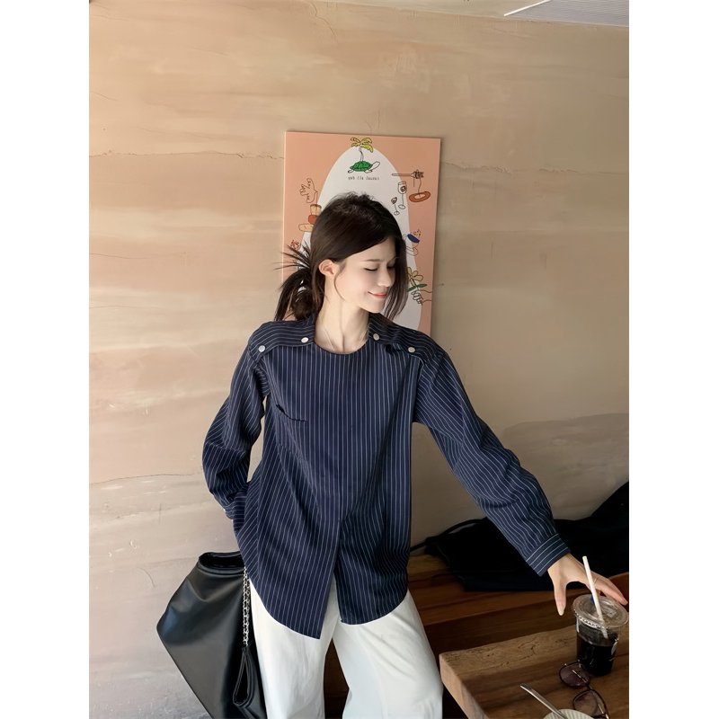 [Kèm dây lưng] Áo sơmi kẻ form suông đính cúc vai mặc được nhiều kiểu, áo sơ mi dài tay kèm dây lưng Logastore_142_thumbnail_1