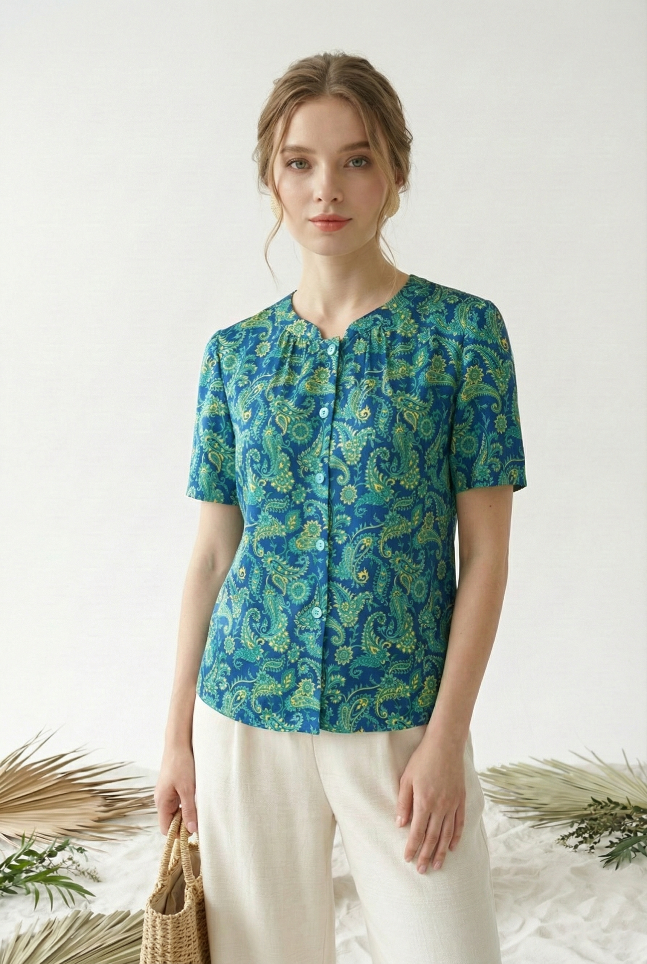 Áo sơ mi vải lụa gấm xanh in họa tiết cách điệu cổ tàu tay ngắn thiết kế MAZANO_thumbnail_5