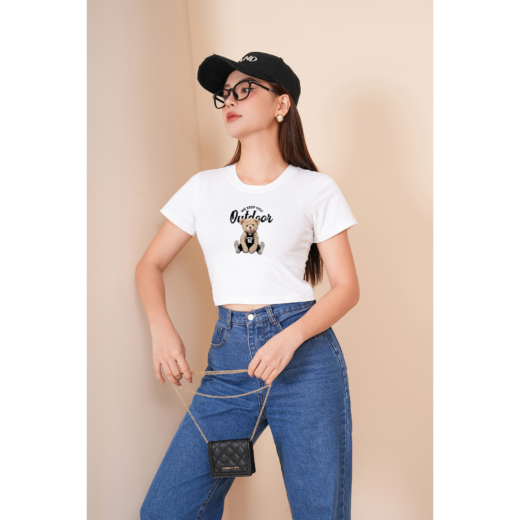 [Form Ôm] Áo croptop ôm in hình gấu Outdoor - Áo laptop kiểu thời trang chất Cotton LOZA CR6386_thumbnail_1
