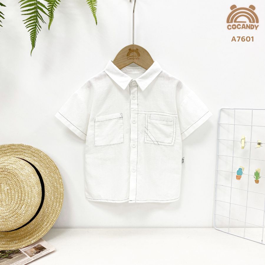 Áo cộc sơ mi TRẮNG 2 túi ốp phối chỉ nổi_thumbnail_1