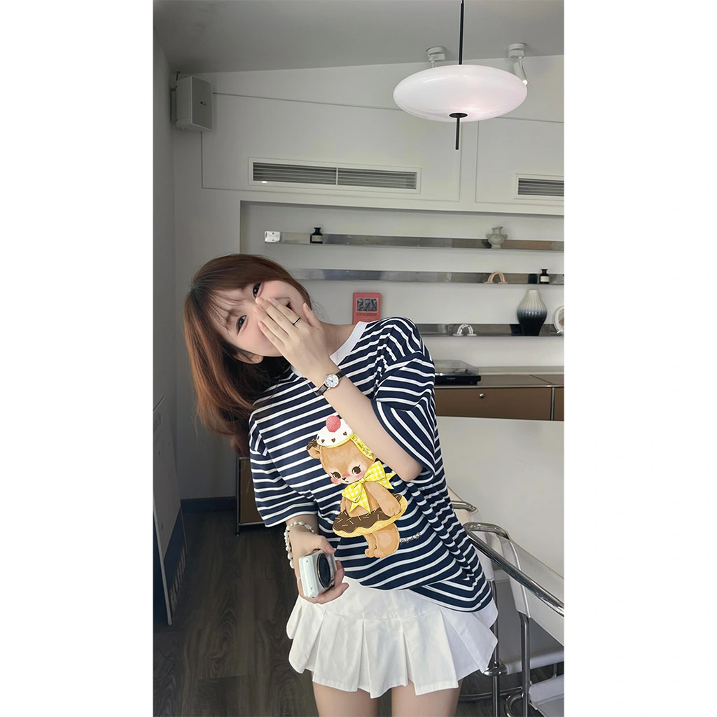 Áo thun boxy nữ Miucho vải borip mềm mại thoáng mát gấu dễ thương sọc mix màu in artwork 2731_thumbnail_6