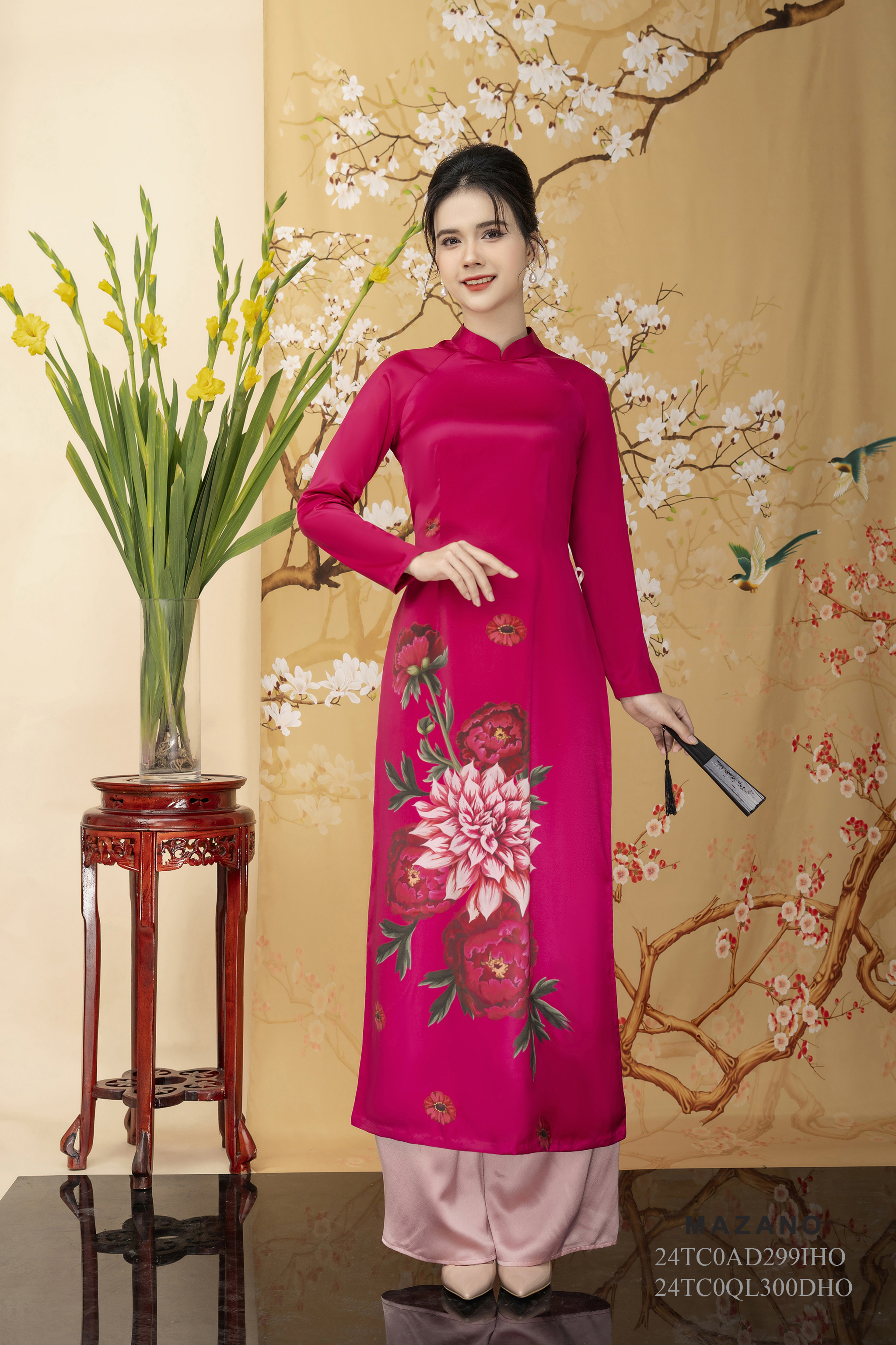 Áo Dài in hoa thược dược Vải lụa ngọc trai Cổ tàu Tay dài Dài tới mắt cá chân