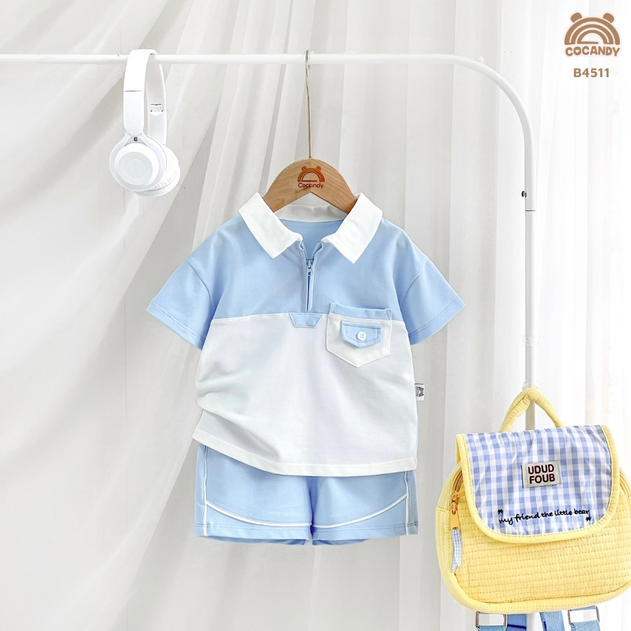 Bộ cộc XANH DƯƠNG phối trắng polo cổ khóa