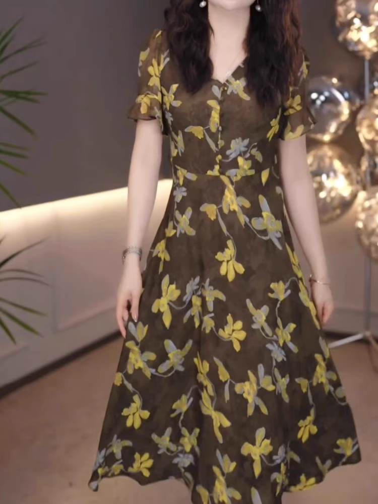 16992- Đầm voan xòe họa tiết hoa xanh vàng (voan + lót) 16992_thumbnail_0