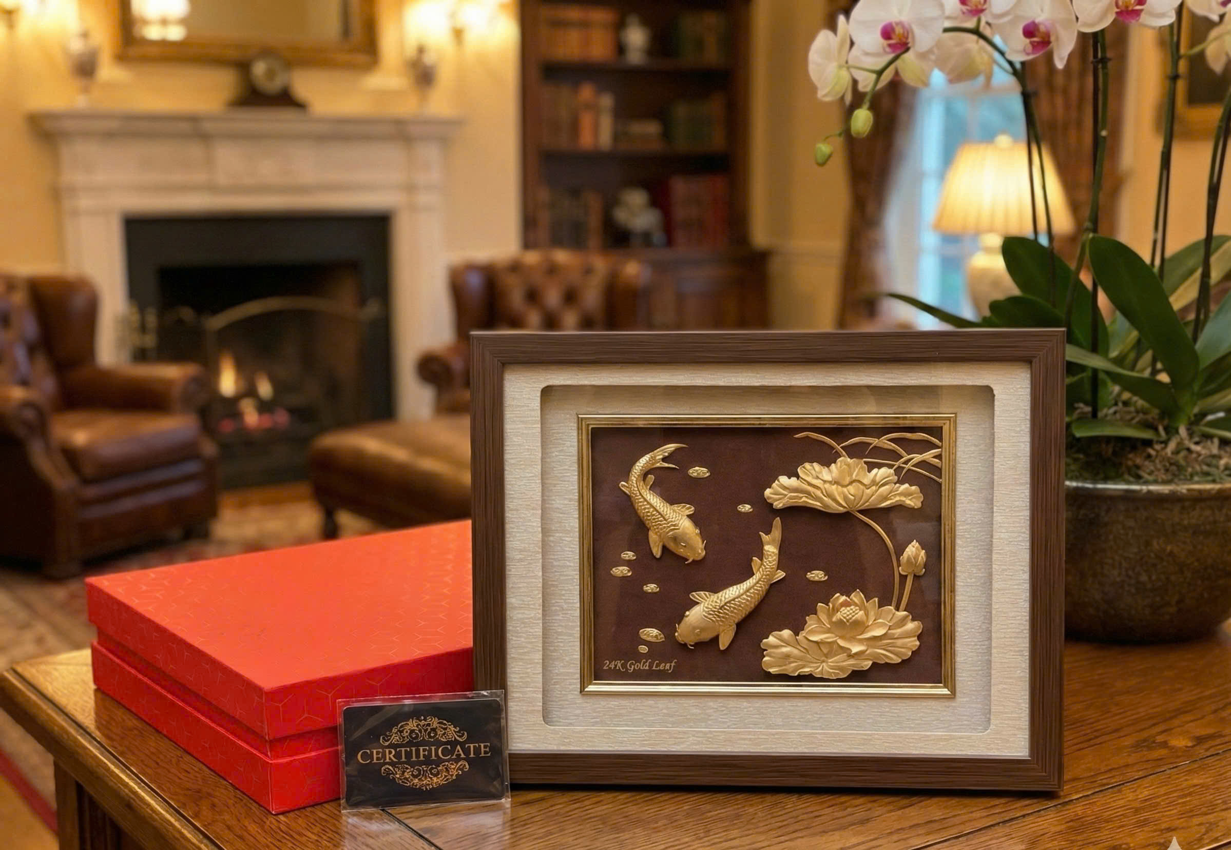 Tranh cá chép hoa sen dát vàng 24k KT 32CM X 25CM 