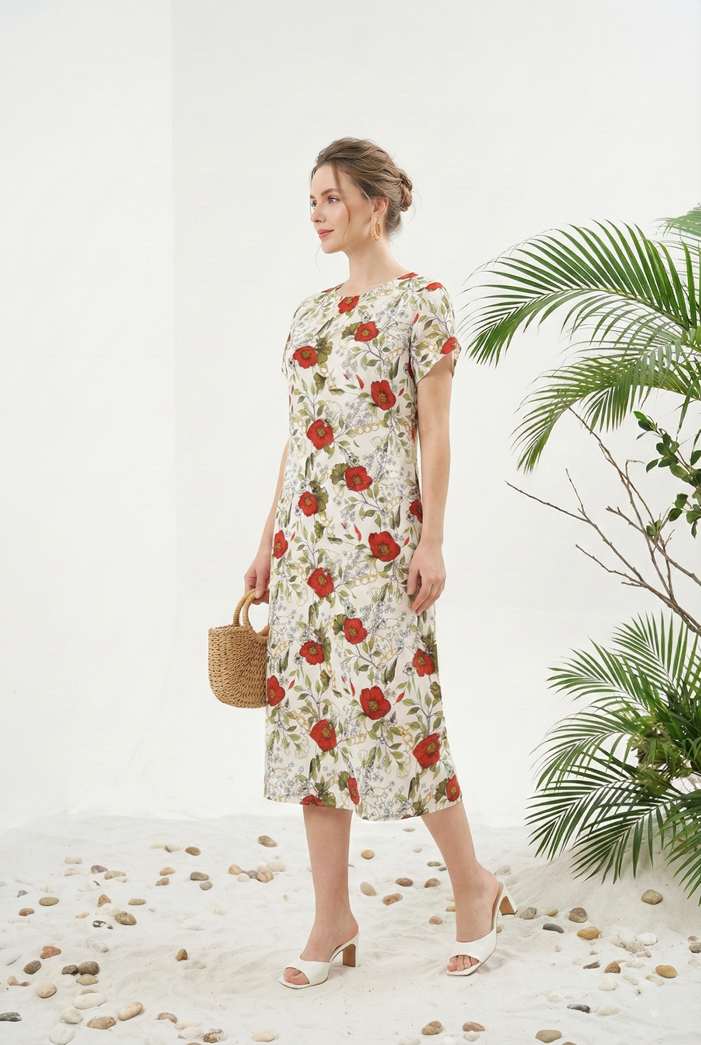 Đầm vải voan chiffon in hoa đỏ dáng suông A cổ tròn tay ngắn thiết kế MAZANO_thumbnail_2