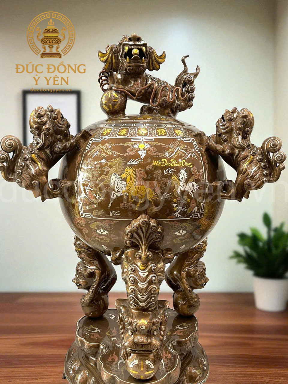 Đỉnh thất lân vờn cầu khảm ngũ sắc đúc đồng đỏ cao cấp _thumbnail_1