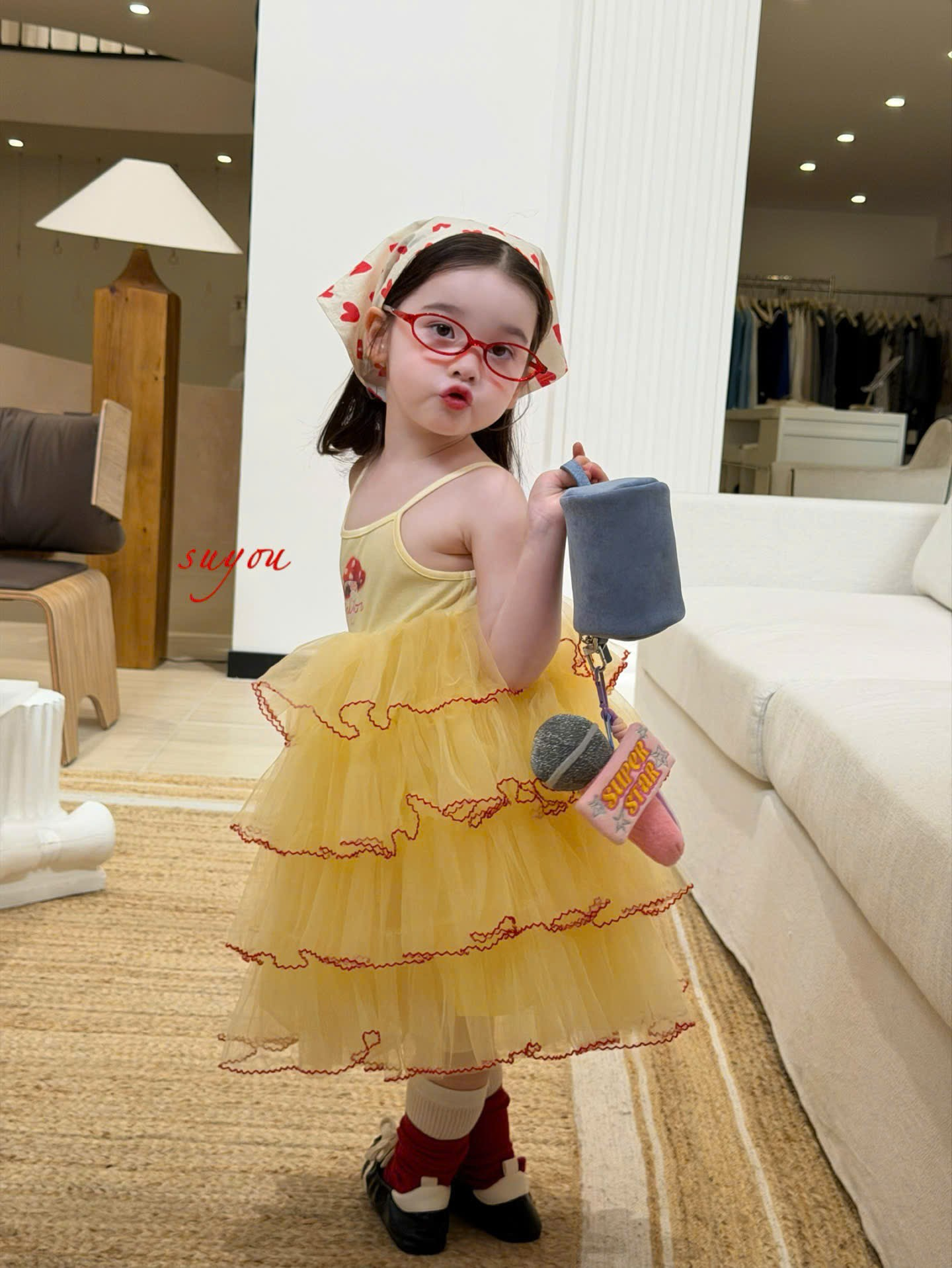 SU90 - Váy 2 dây liền voan vàng hoạ tiết nấm siêu xinh hãng Suyou