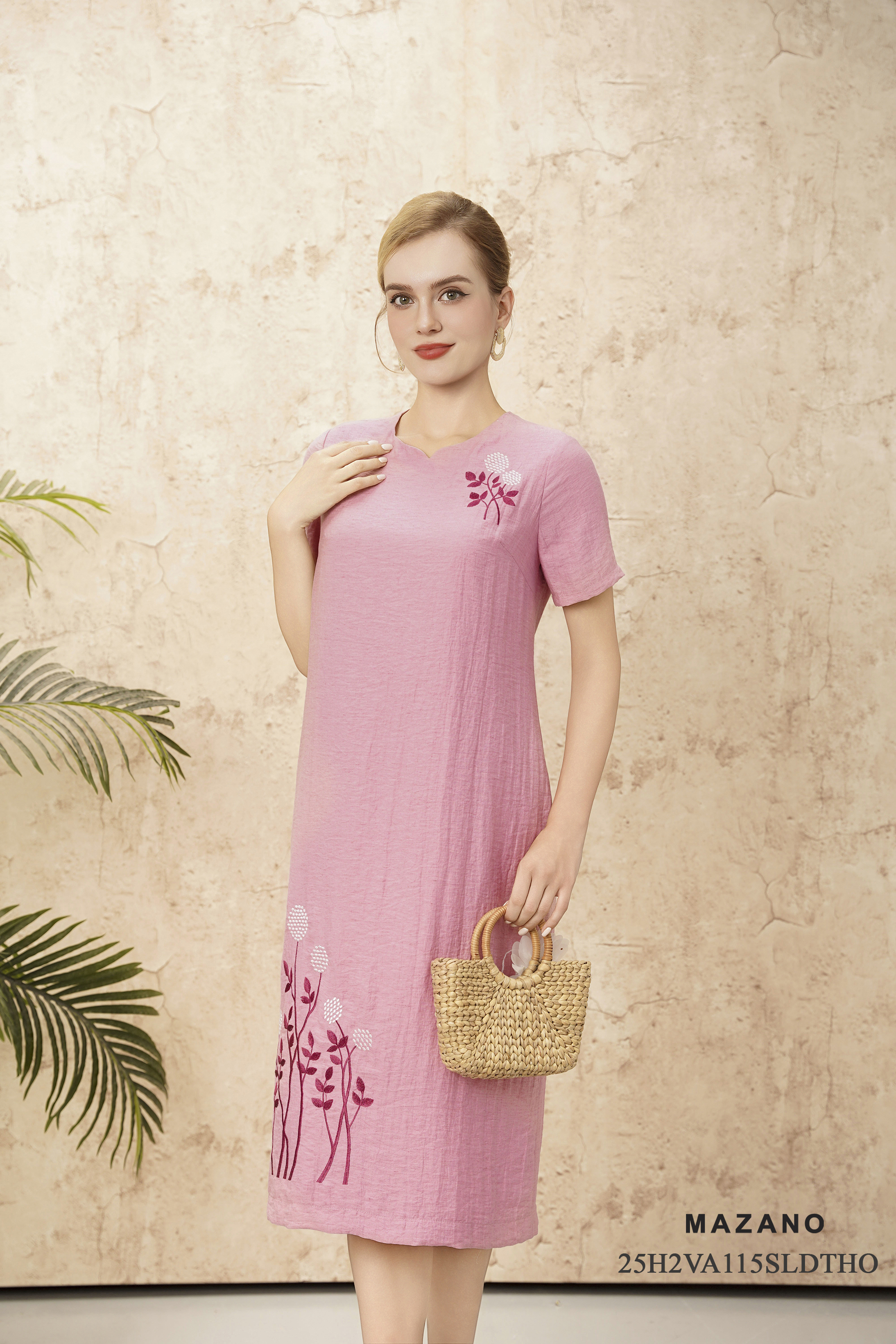 Váy Đầm suông Vải linen lụa Thêu họa tiết thủ công Cổ tròn Tay ngắn Dài trên bắp chân_thumbnail_2