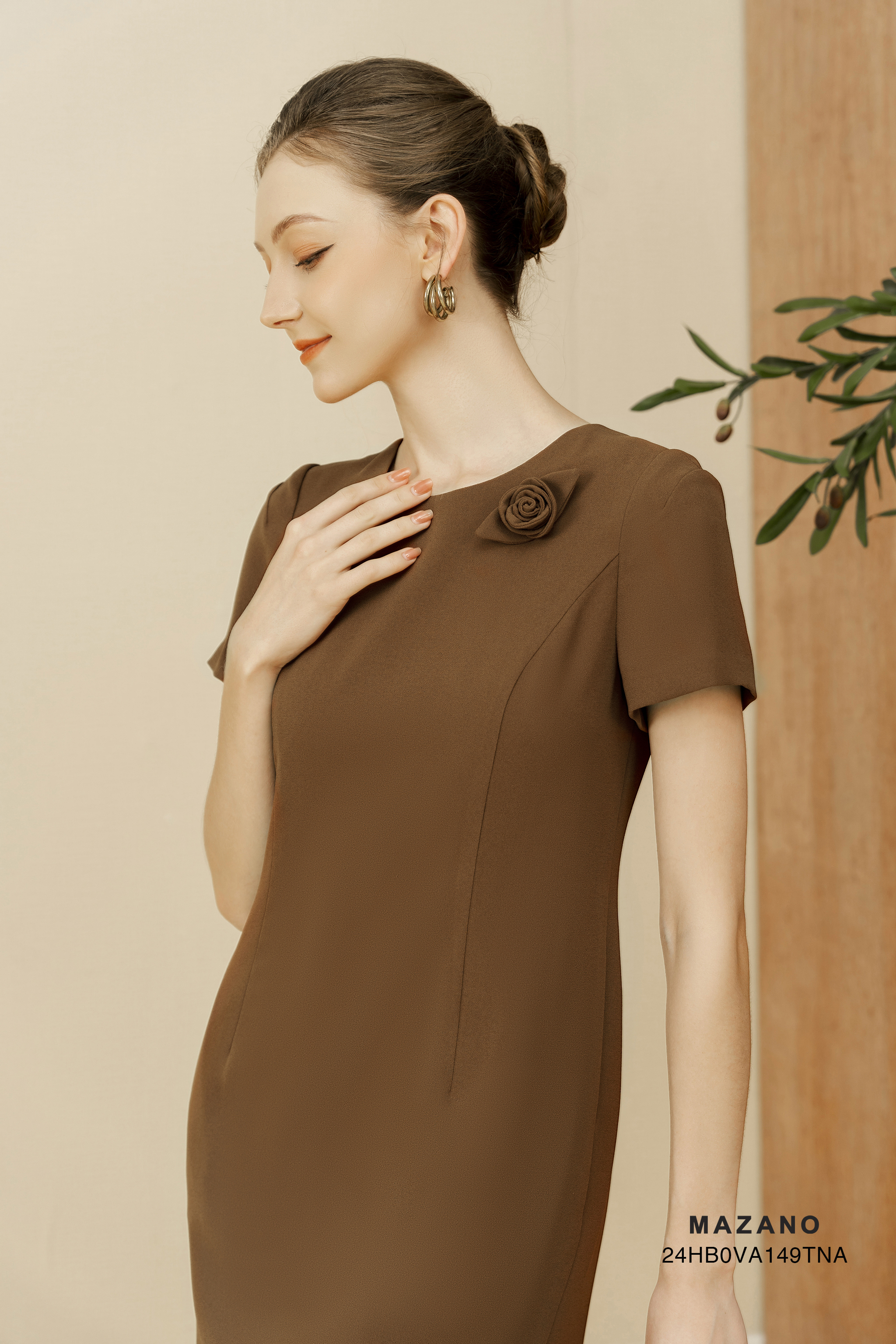 Váy Đầm suông Vải Thô mỏng Cuốn hoa Cổ tròn Tay ngắn Dài tới bắp chân_thumbnail_1