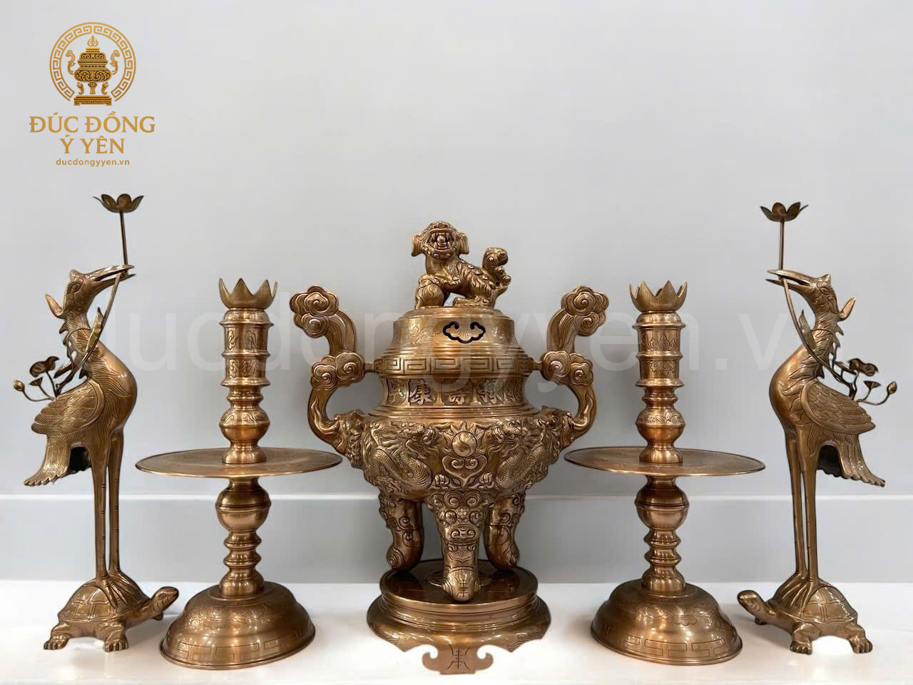 Bộ ngũ sự cao 60 cm đúc đồng đỏ  hoa văn rồng nổi