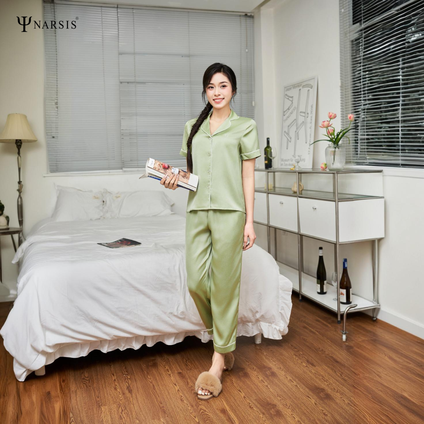 Set Bộ Ngủ Pijama Lụa Ngọc Trai Narsis M25011, Quần Dài, Tay Ngắn, Mềm Mịn, Thoáng Mát, 2 Màu_thumbnail_2