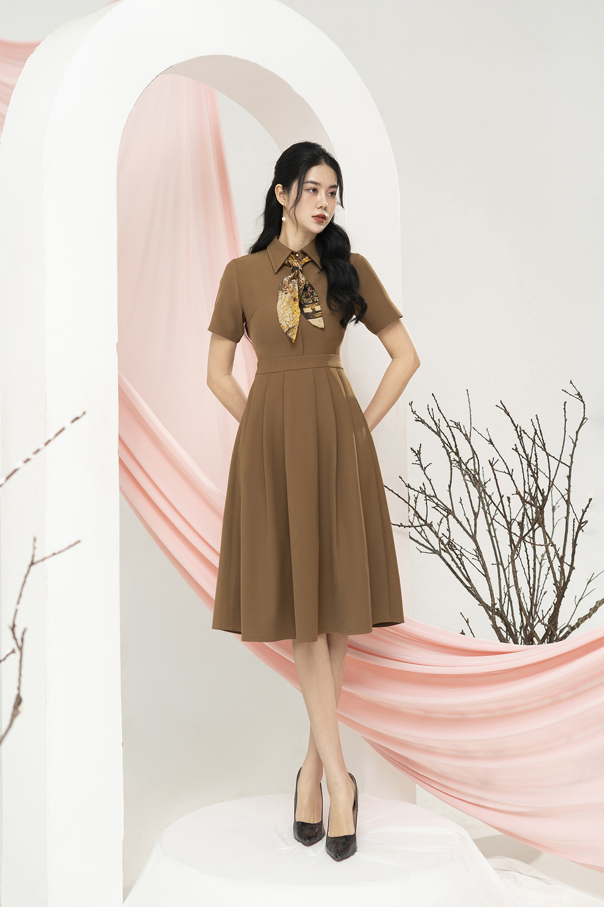 Đầm công sở dáng xòe nâu tây cổ đức phối nơ D3004_thumbnail_2