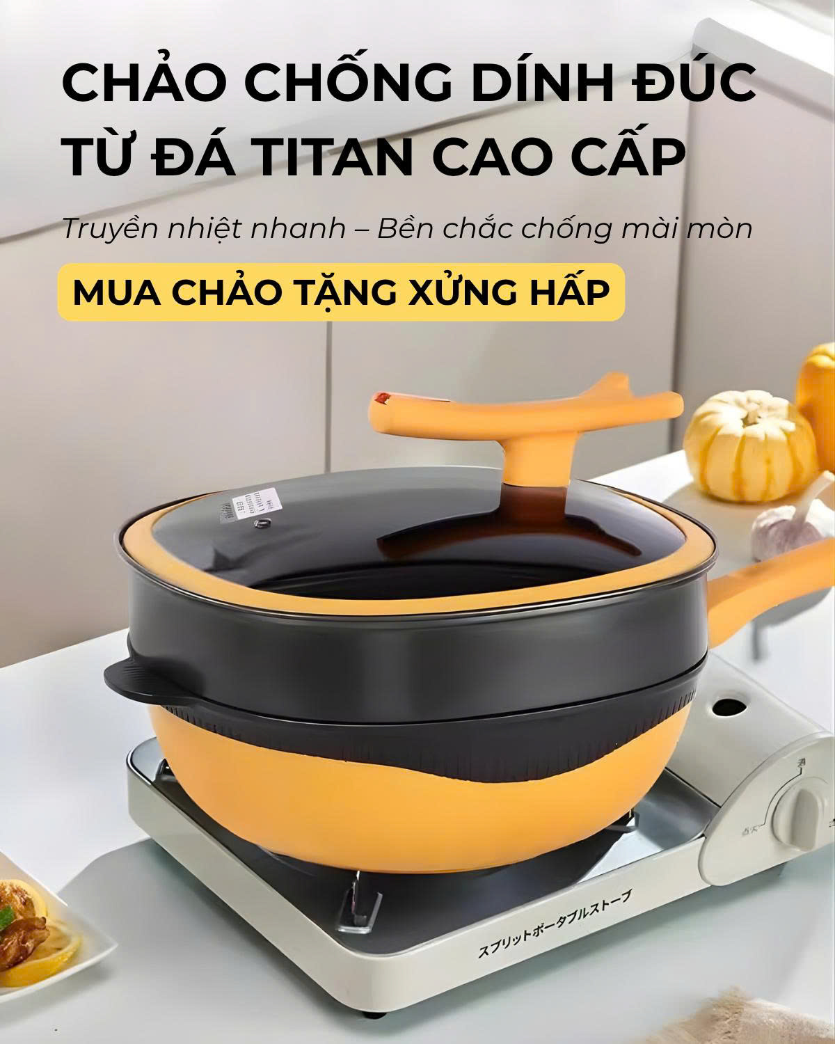 CHẢO VÀNG CHỐNG DÍNH KÈM KHAY HẤP